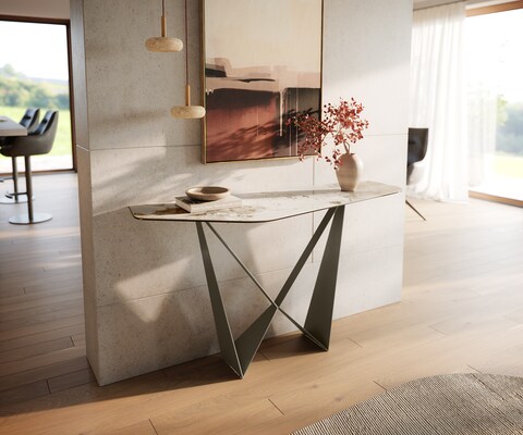 Consoletafel Edge Polygonaal 140x50 cm Keramiek Minas Melange Weiß-Beige Spios Metaal Effektfinish Titan