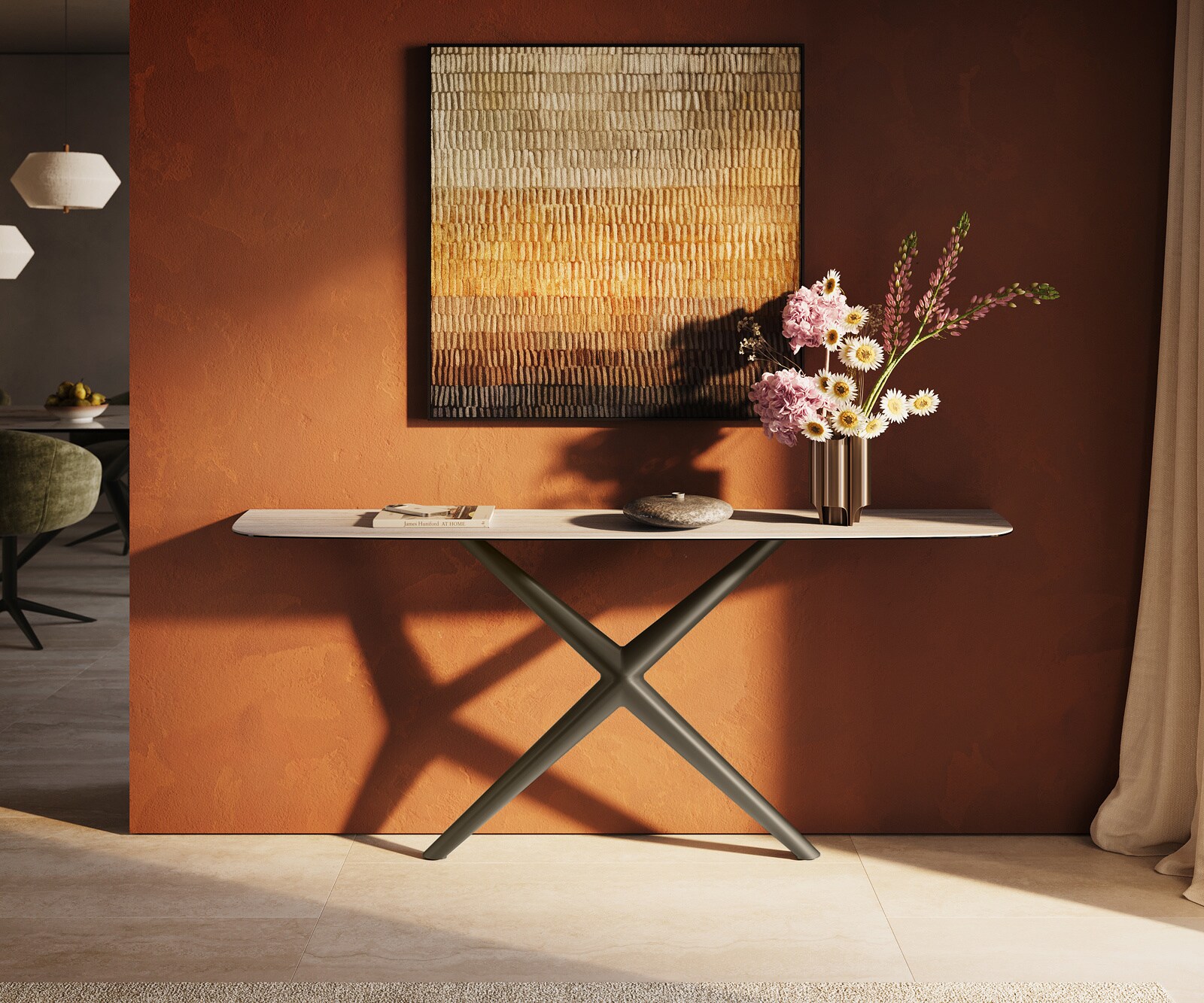 Consoletafel Edge Bootvorm 180x40 cm Keramiek Laminam® Travertino Bianco Creme-Weiß Estelo Metaal Effektfinish Titan 1