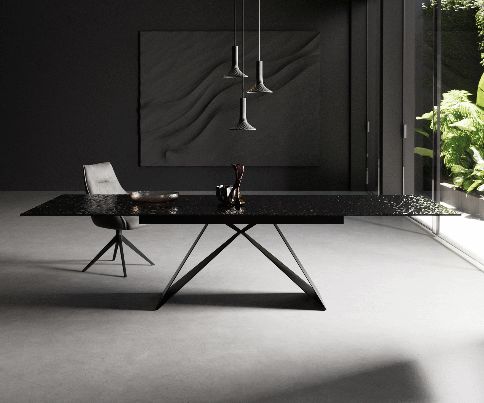Eetkamertafel Edge 200-300x100 Glas smelten rokerig zwart 3D-Relief V-frame vlak staal zwart uitschuifbaar 1