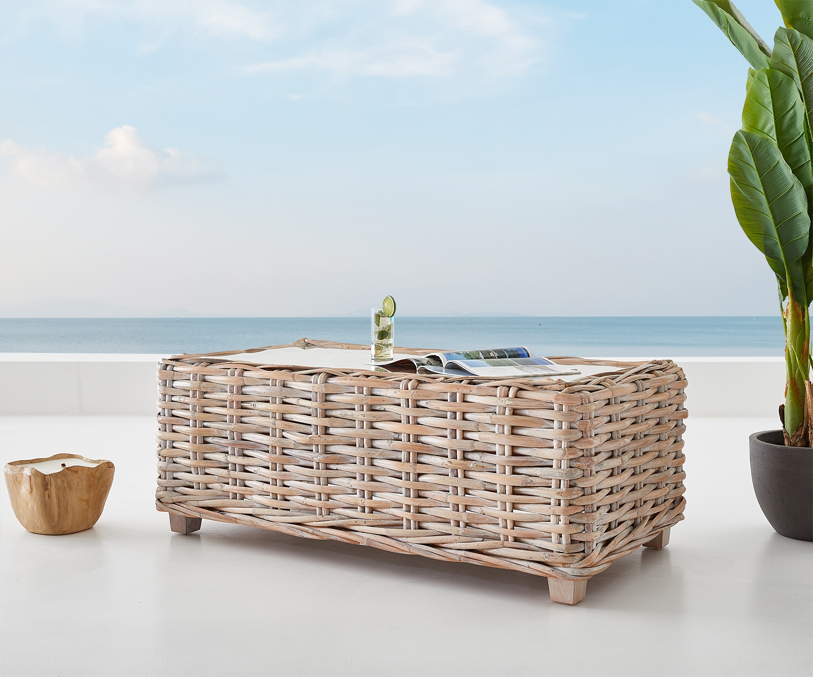 Loungetafel Nizza 133x73x51 Rotan witgewassen glazen blad loungetafel