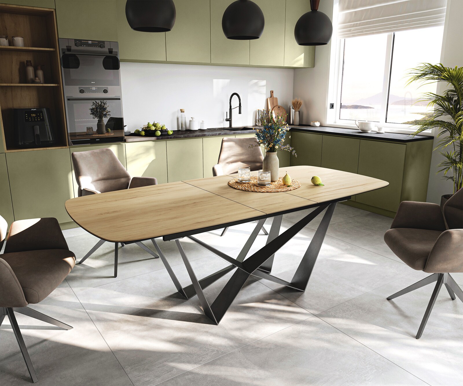 Eettafel Edge Boot 180-220x100 cm Keramiek Laminam® Sabbia Eichefarbig Spider Flachstahl Roestvrij staal Grafiet uitschuifbaar 1