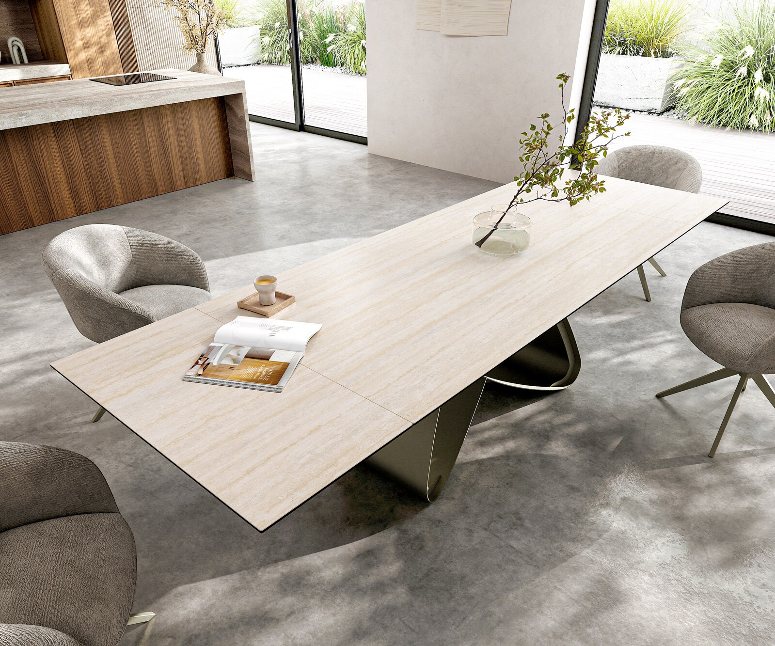 Eettafel Edge 200-300x100 keramiek  Laminam® Travertino Bianco Creme-wit W-frame effectafwerking Titan uitrekbaar 3