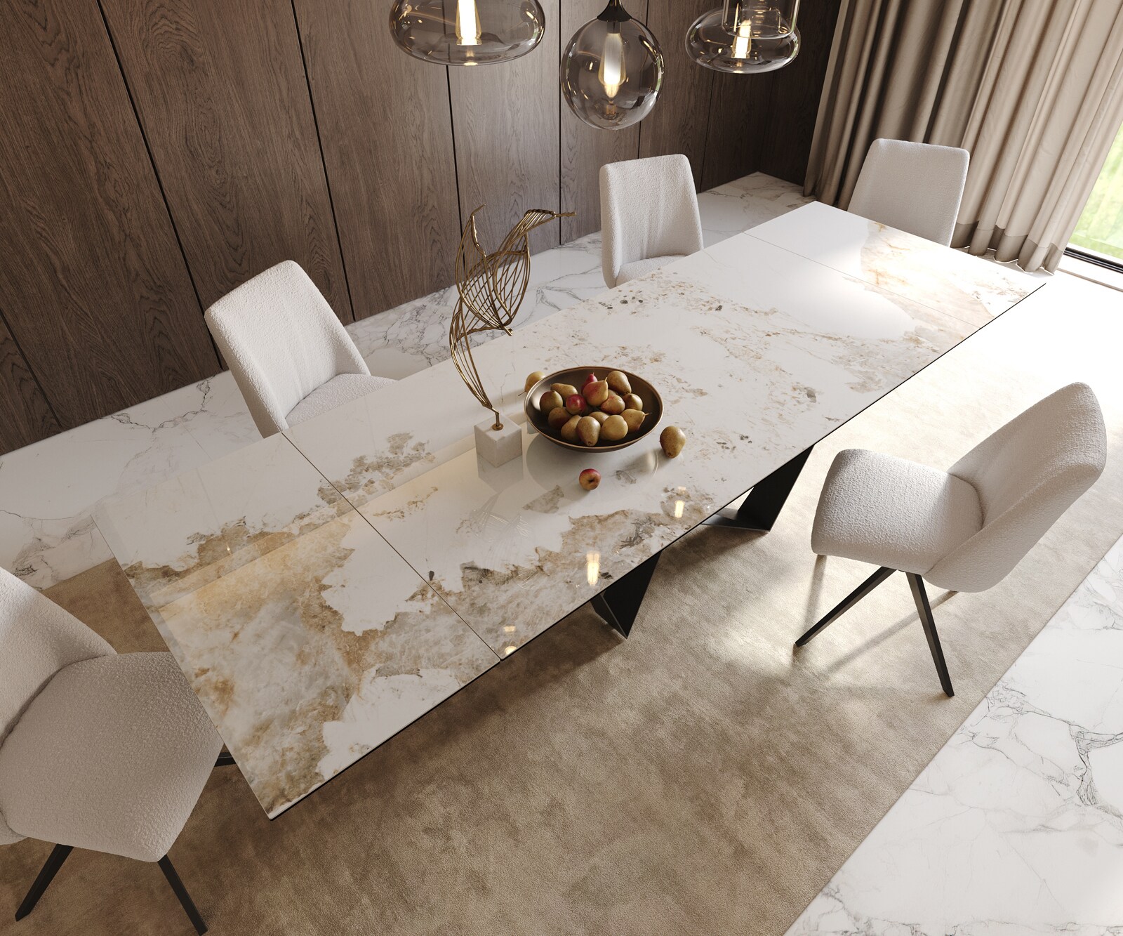 Eetkamertafel Edge 200-300x100 keramiek Minas Melange wit-beige spider vlak staal zwart uitschuifbaar 5