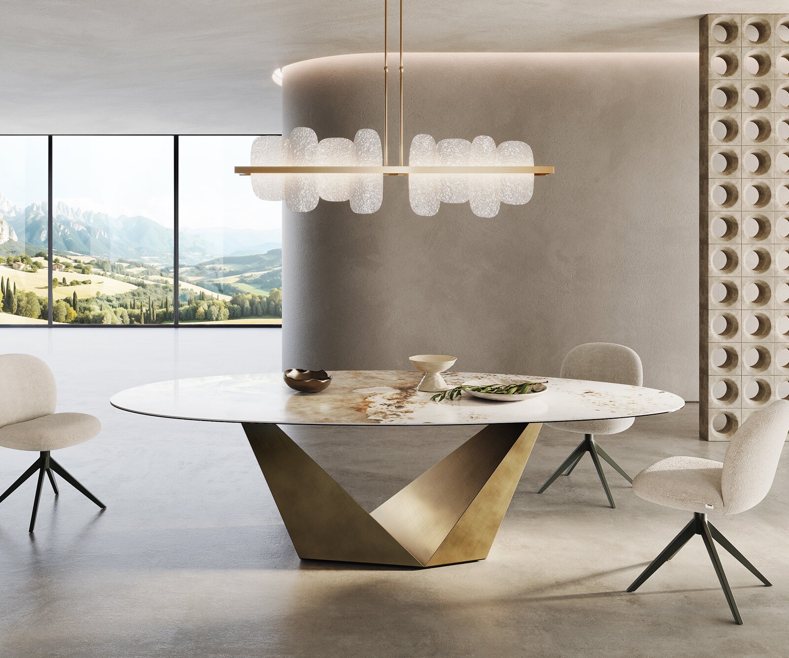Eettafel Edge Oval 280x130 keramiek  Minas Melange wit-beige  Prisma metaal goud