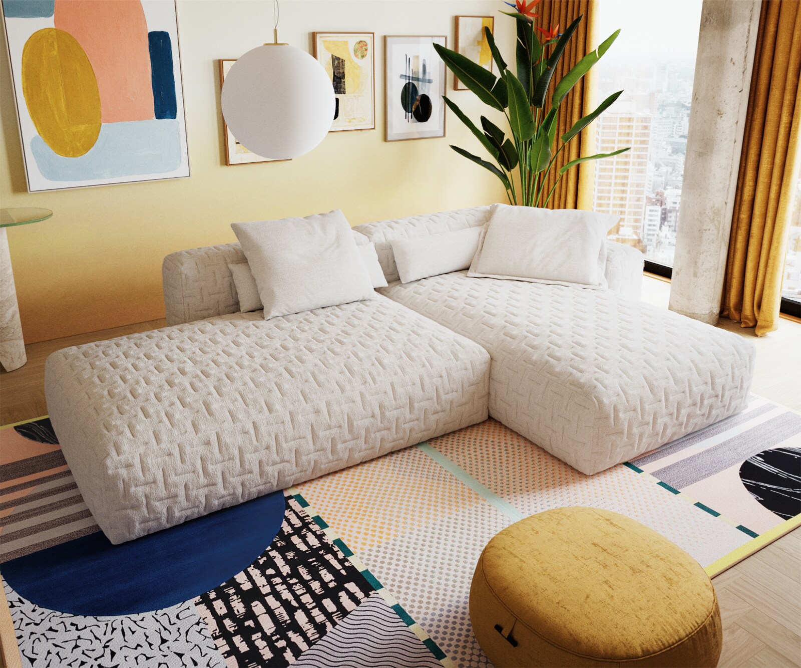 Hoekbank Freestyle 310x200 cm Bouclé zacht Beige gestikt 4