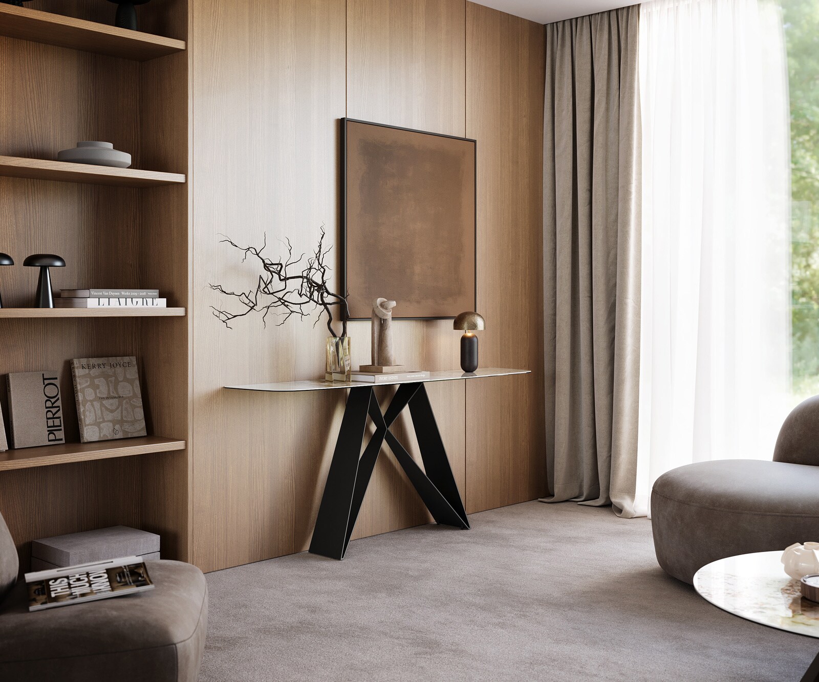 Consoletafel Edge Bootvorm 180x40 cm Keramiek Minas Melange Weiß-Beige Velio Metaal Zwart 7