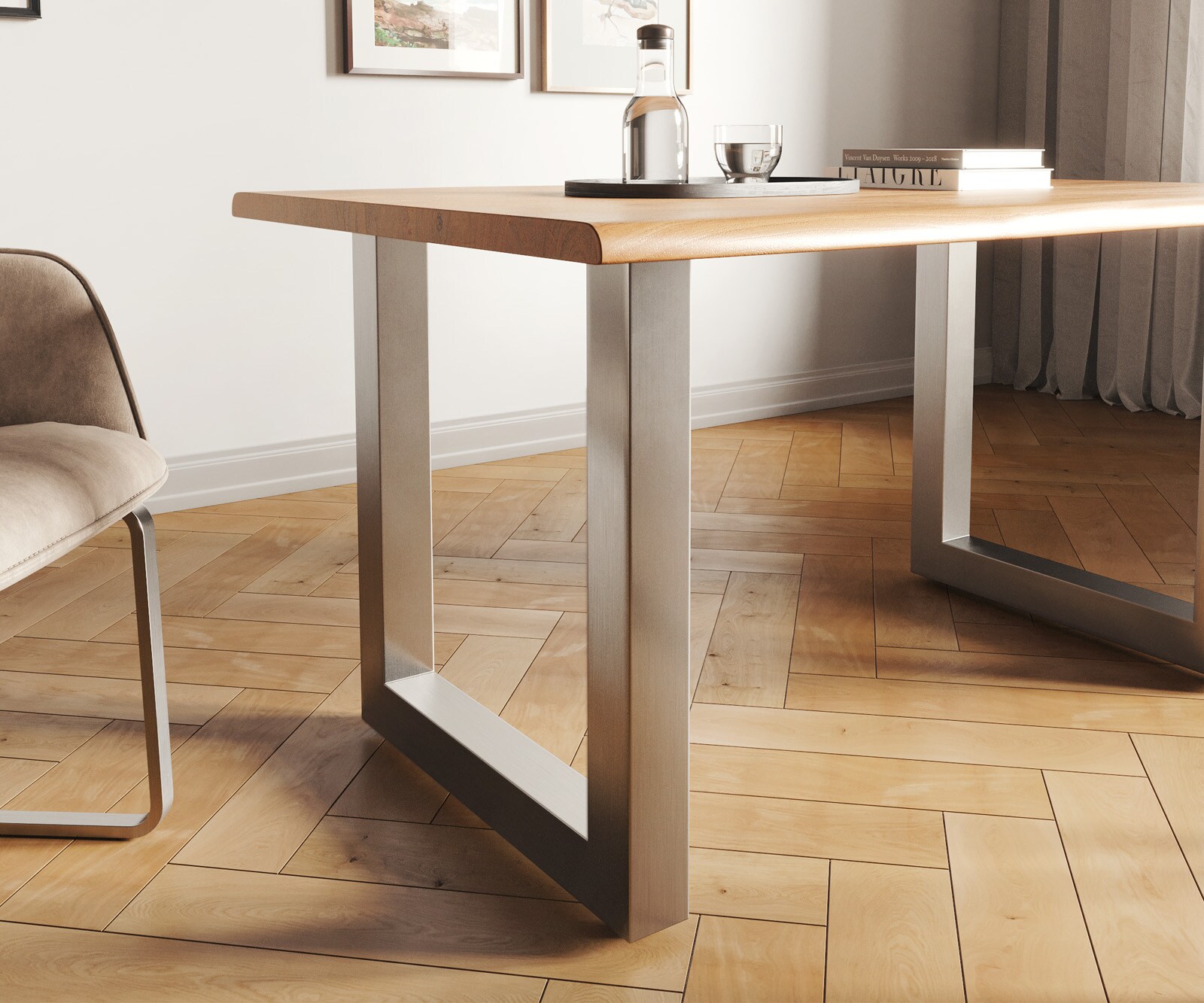 Eettafel Edge 140x90 acacia natuur roestvrijstaal breed Live-Edge 4