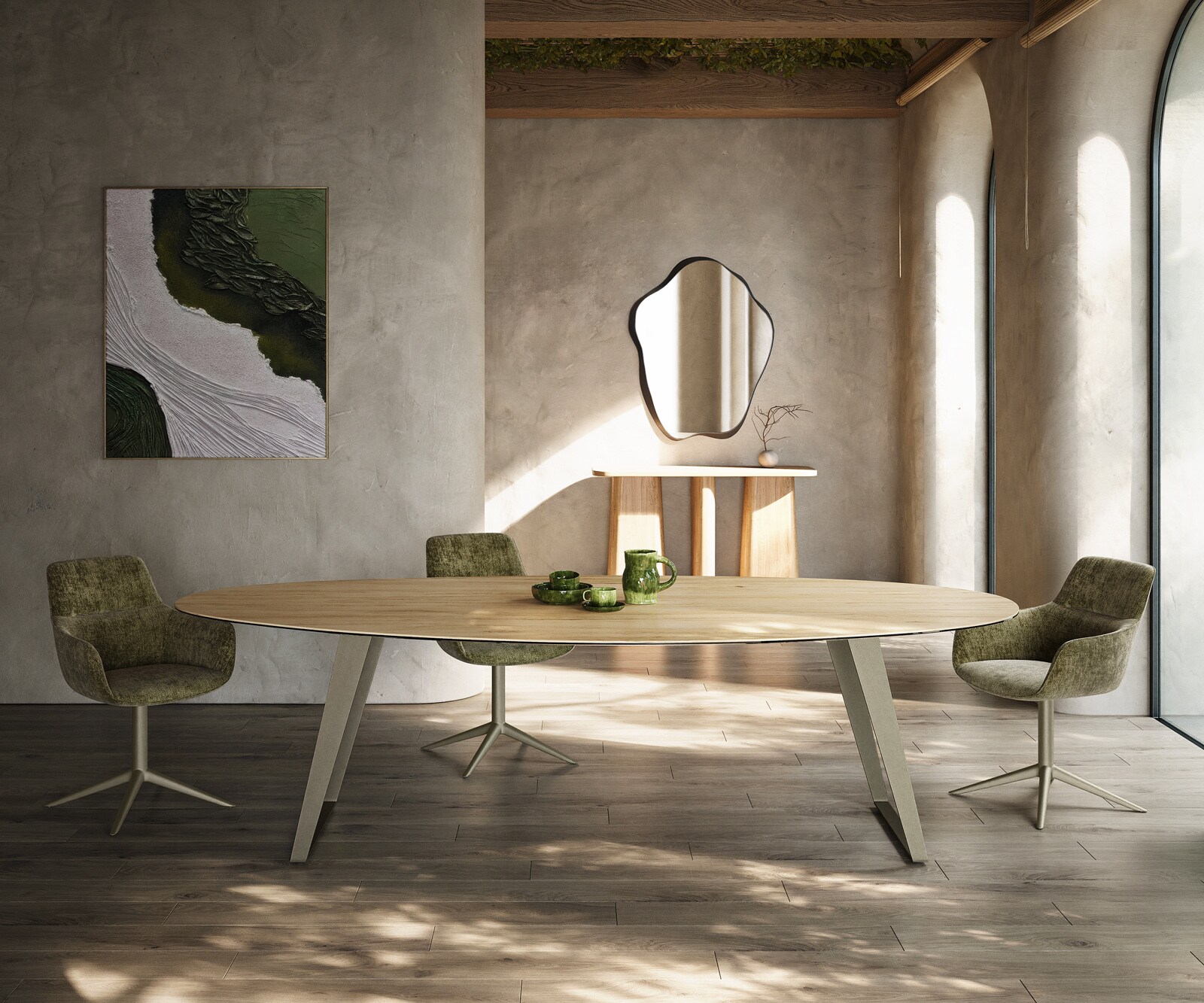 Eetkamertafel Edge Oval 280x130 cm Keramiek Laminam® Sabbia eikenkleurig Metaal Schuin Effectafwerking Titan 1