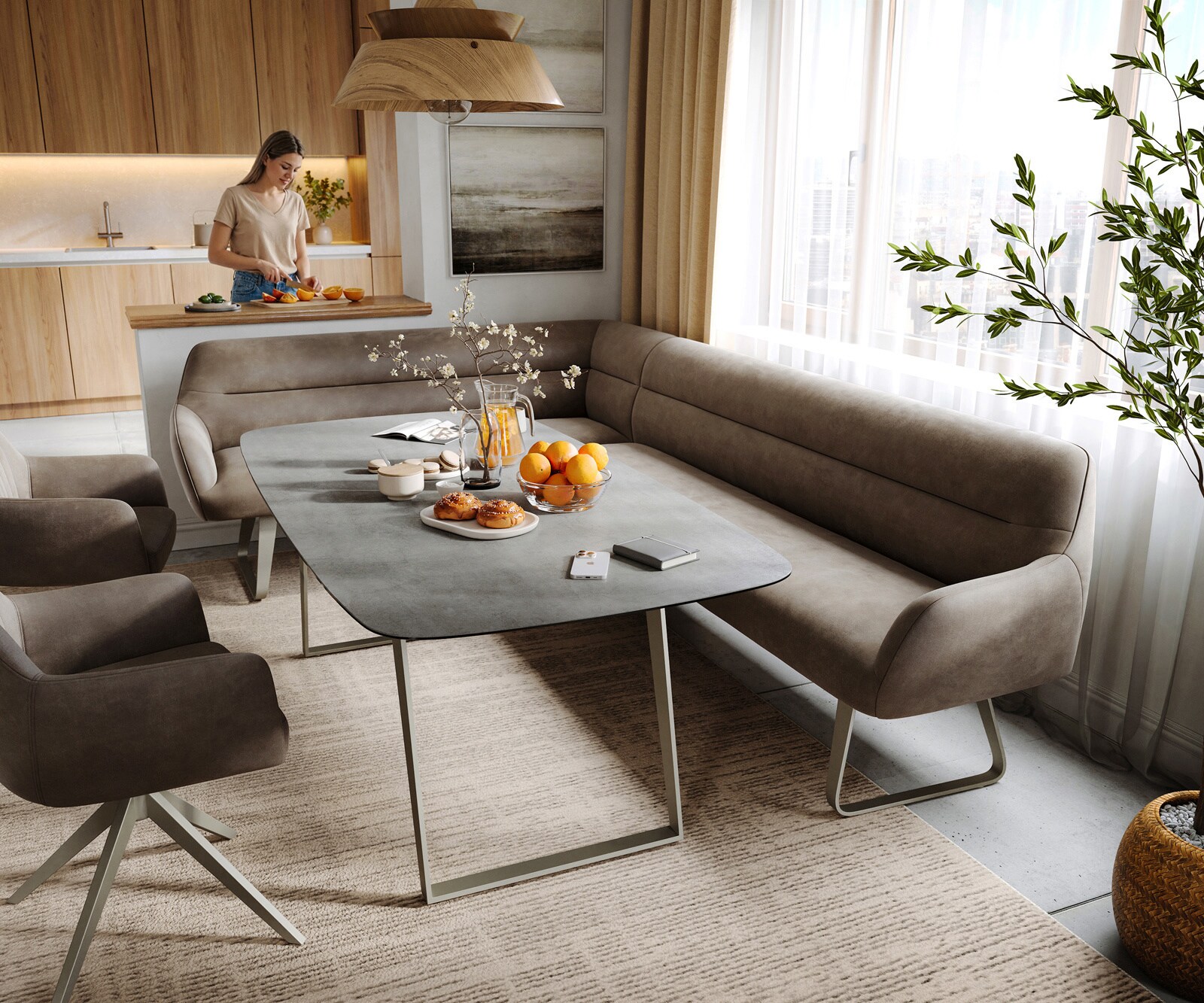 Eetkamerbank Taya-Flex 285x190 cm microvelours taupe vintage platte sledebasis afwerking met titaniumeffect pocketvering rechts