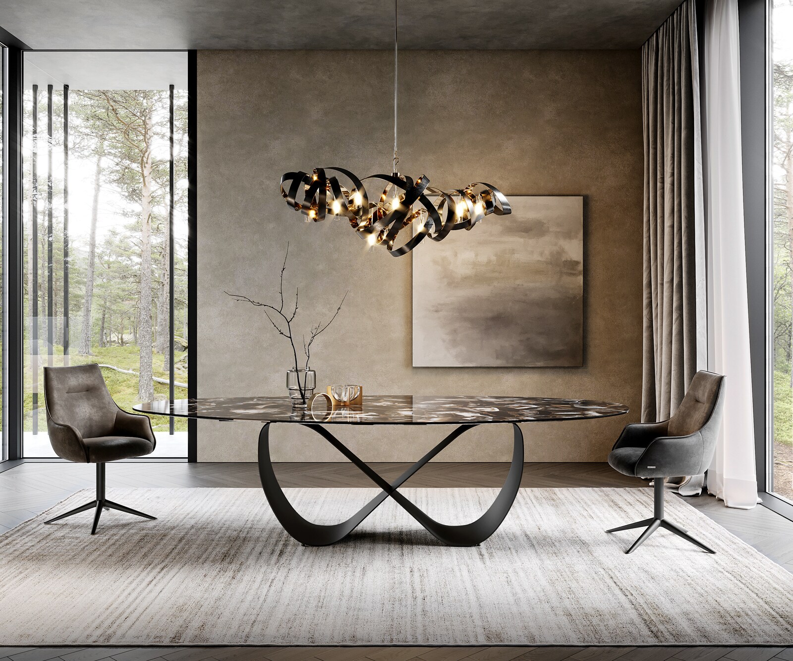 Eetkamertafel Edge Oval 280x130 cm Keramiek Iris FMG Agatablack Infinity Metaal Zwart