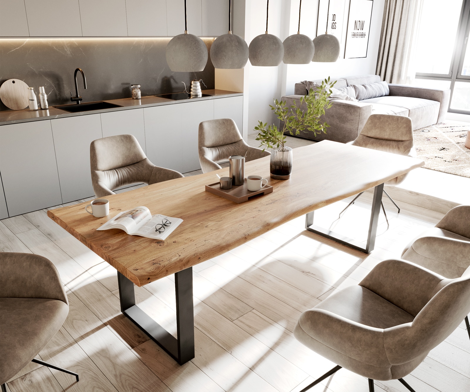 Eettafel Classic-Edge 260x100 acacia natuur frame hoekig metaal zwart Eettafel Classic-Edge 260x100 acacia natuur frame hoekig metaal zwart