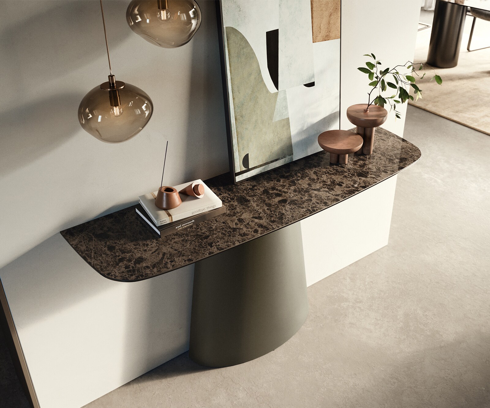 Consoletafel Edge Bootvorm 140x40 cm Keramiek Emperador Extra Lucidato Dunkelbraun Conos Metaal Effektfinish Titan 1