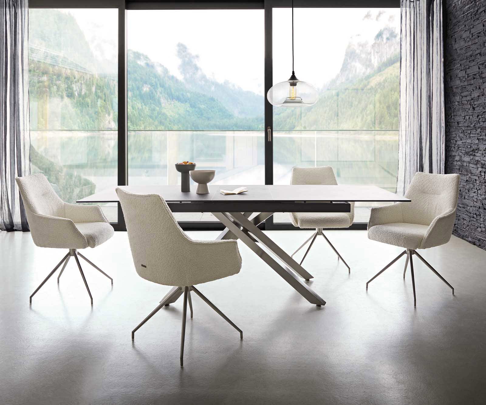 Draaistoel Alja-Flex met armleuning bouclé wit kruisframe conisch roestvrij staal 180° draaibaar pocketveer kern 5 Draaistoel Alja-Flex met armleuning bouclé wit kruisframe conisch roestvrij staal 180° draaibaar pocketveer kern 5