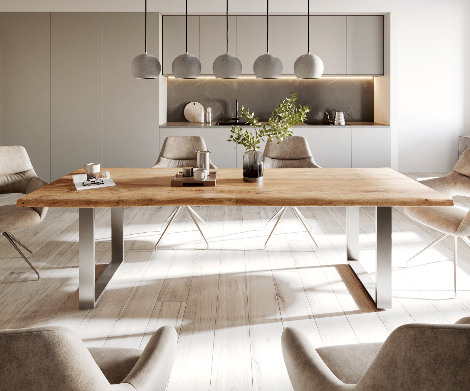 Eettafel Edge 260x100 acacia natuur roestvrijstaal smal Live-Edge 1