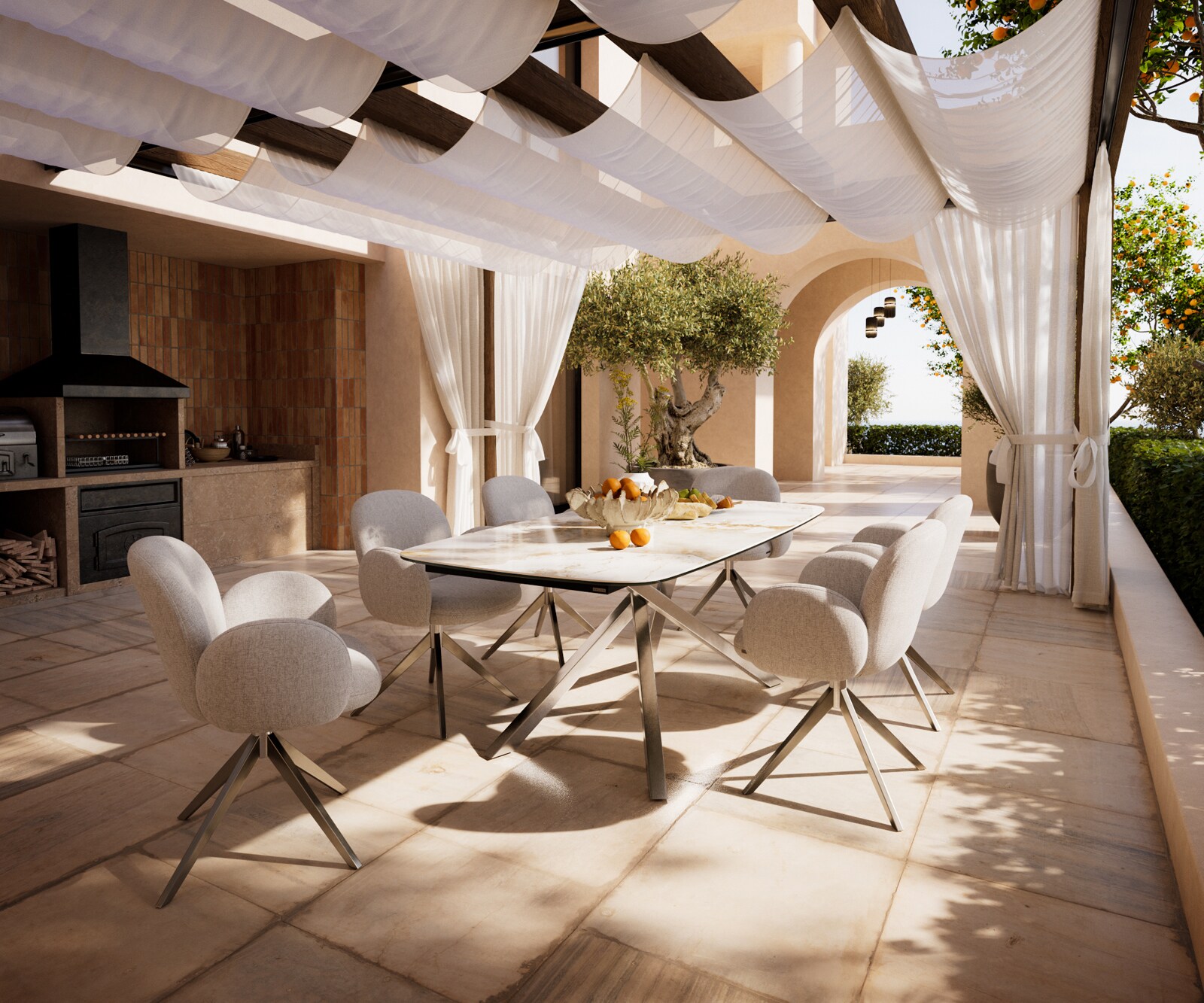 Outdoortafel Edge Boot 200x100 cm keramiek Minas Melange wit-beige kruispoot rechthoekig roestvrij staal 6