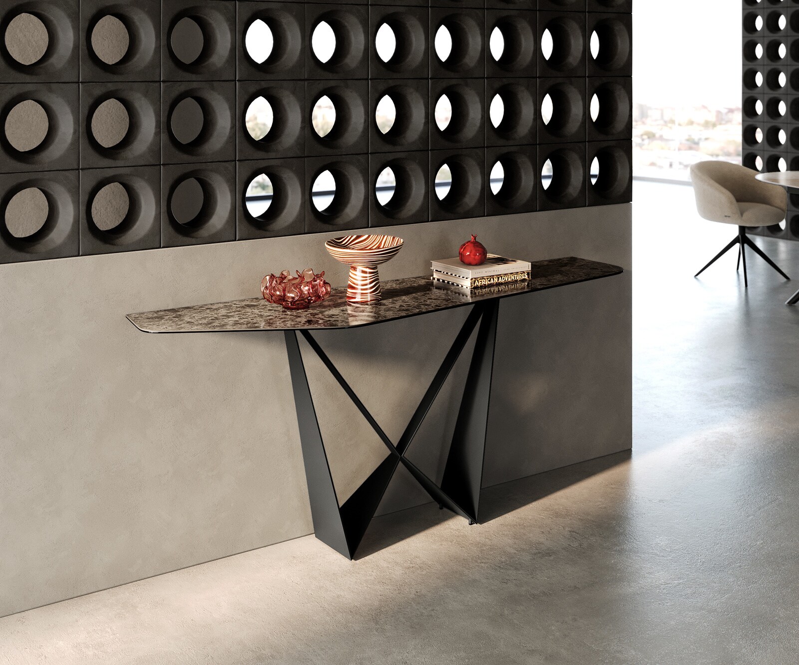 Consoletafel Edge Polygonaal 180x50 cm Keramiek Emperador Extra Lucidato Dunkelbraun Spios Metaal Zwart 4
