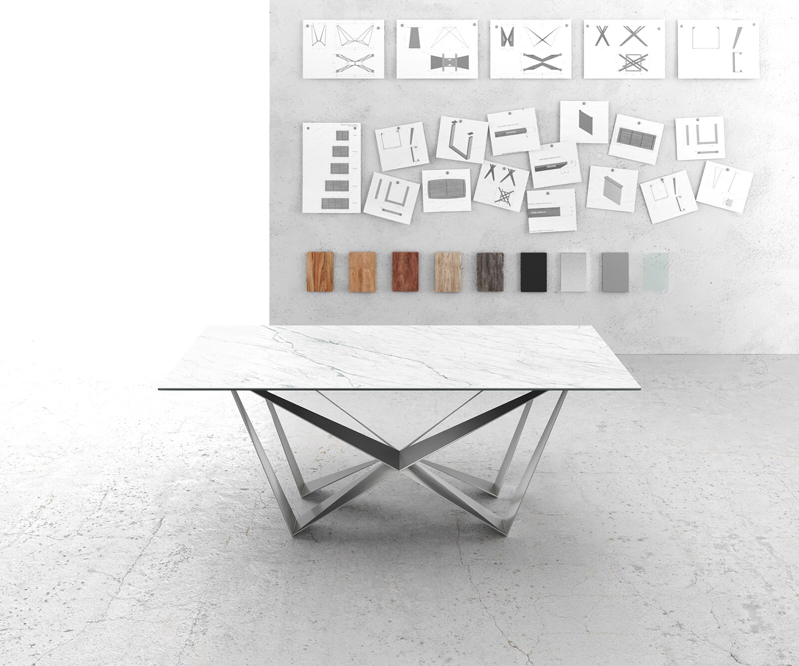 Eettafel Edge 200x100cm Laminam® keramiek wit middenpoot vlak staal zilver 1