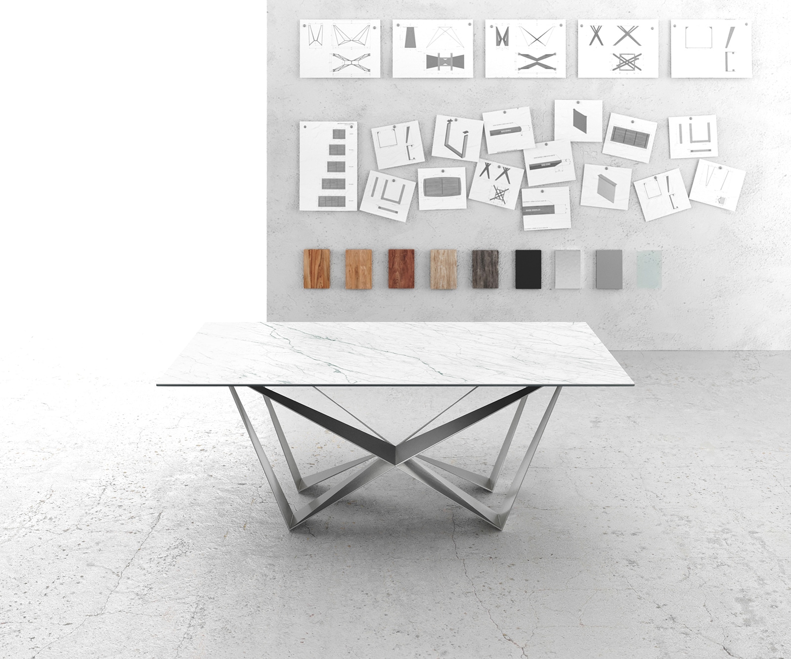 Eettafel Edge 200x100cm Laminam® keramiek wit middenpoot vlak staal zilver 1 Eettafel Edge 200x100cm Laminam® keramiek wit middenpoot vlak staal zilver 1