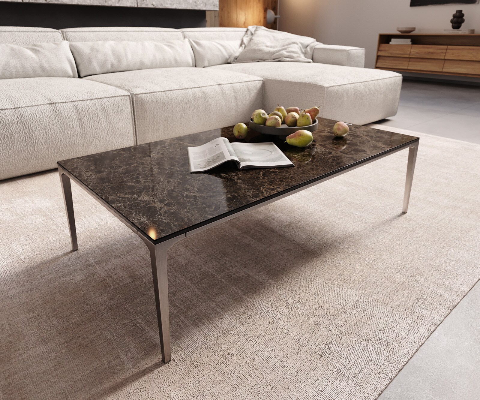 Salontafel Levente 110x60 cm Keramiek Laminam®Emperador Extra Lucidato Donkerbruin Onderstel roestvrij staal zilver