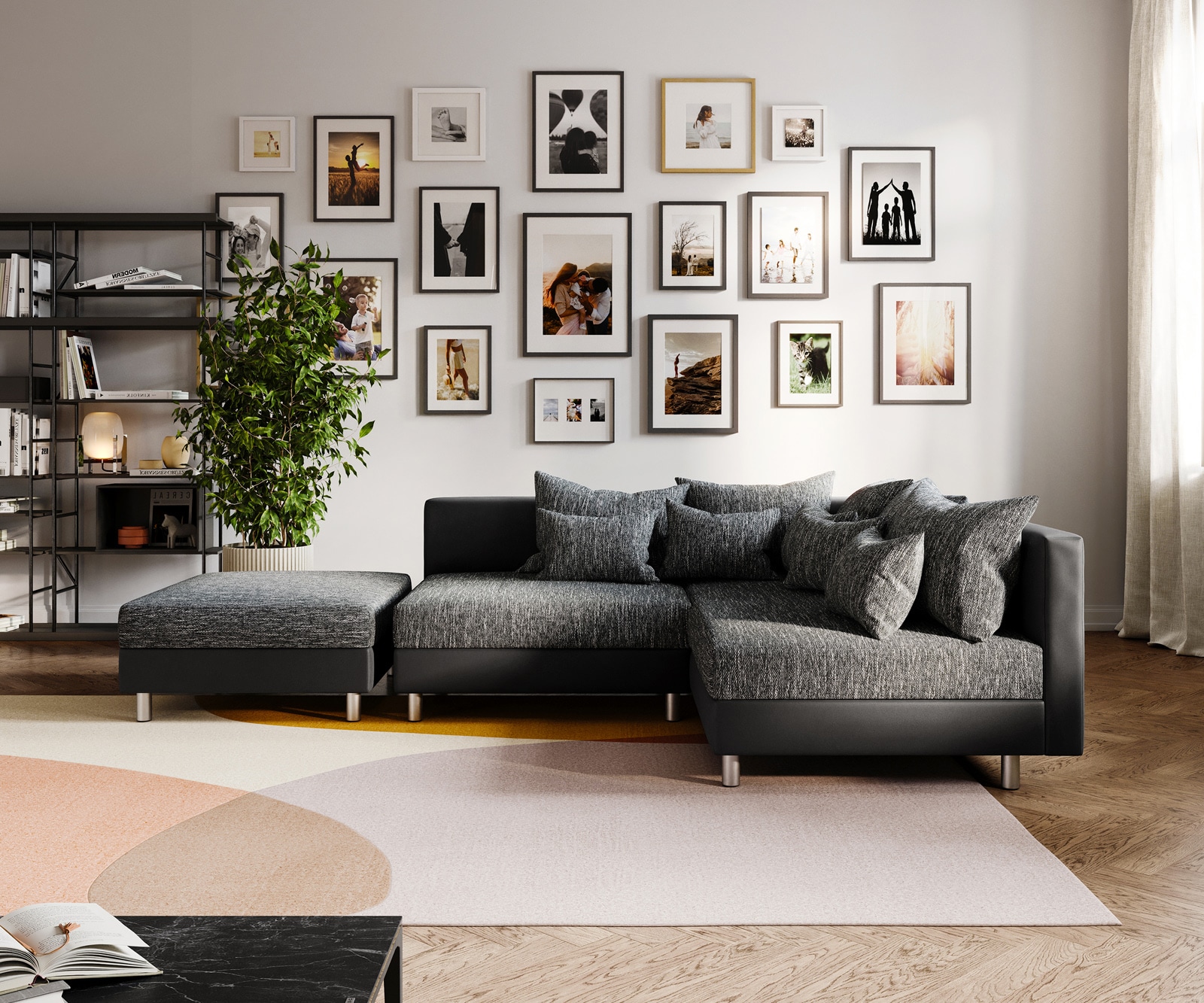 Hoekbank Clovis zwart met hocker ottomane rechts modulair 2