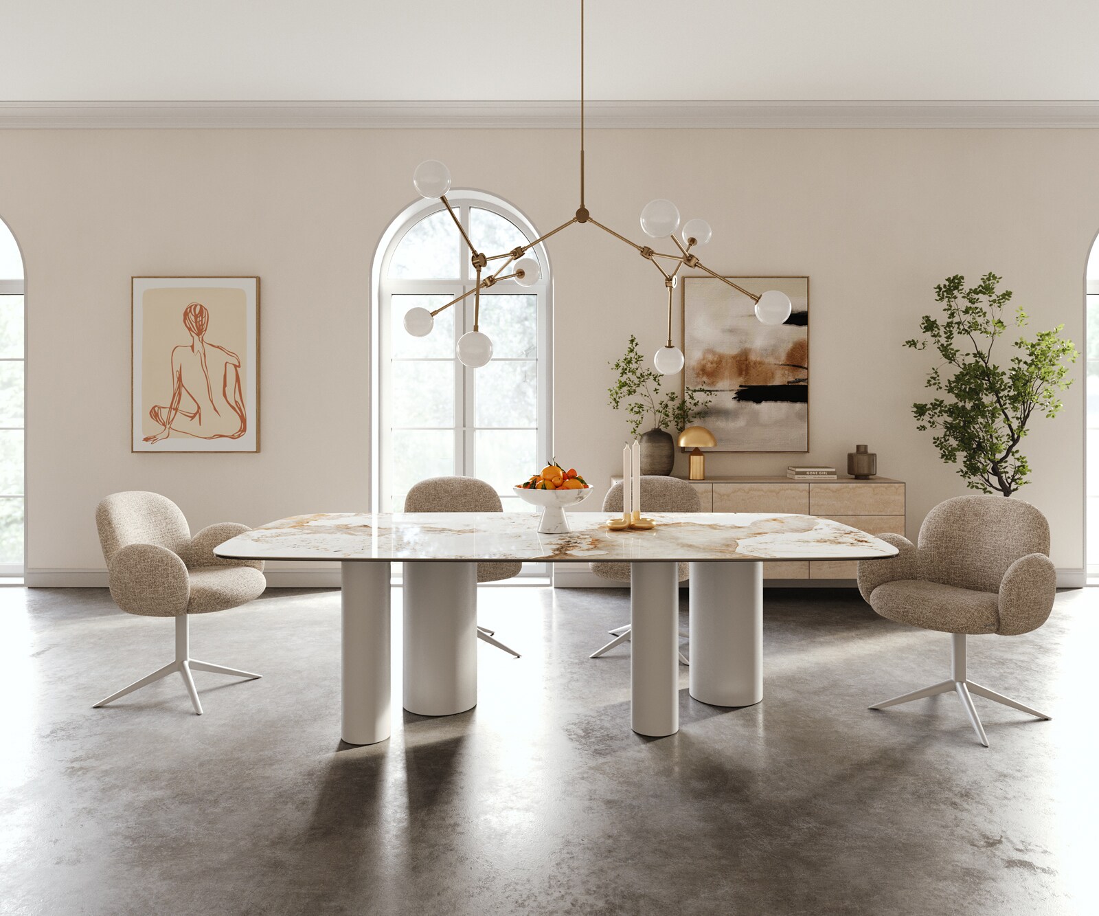 Eettafel Edge Boot 240x120 cm Keramiek Minas Melange Wit-Beige Pilier Metaal Wit 2