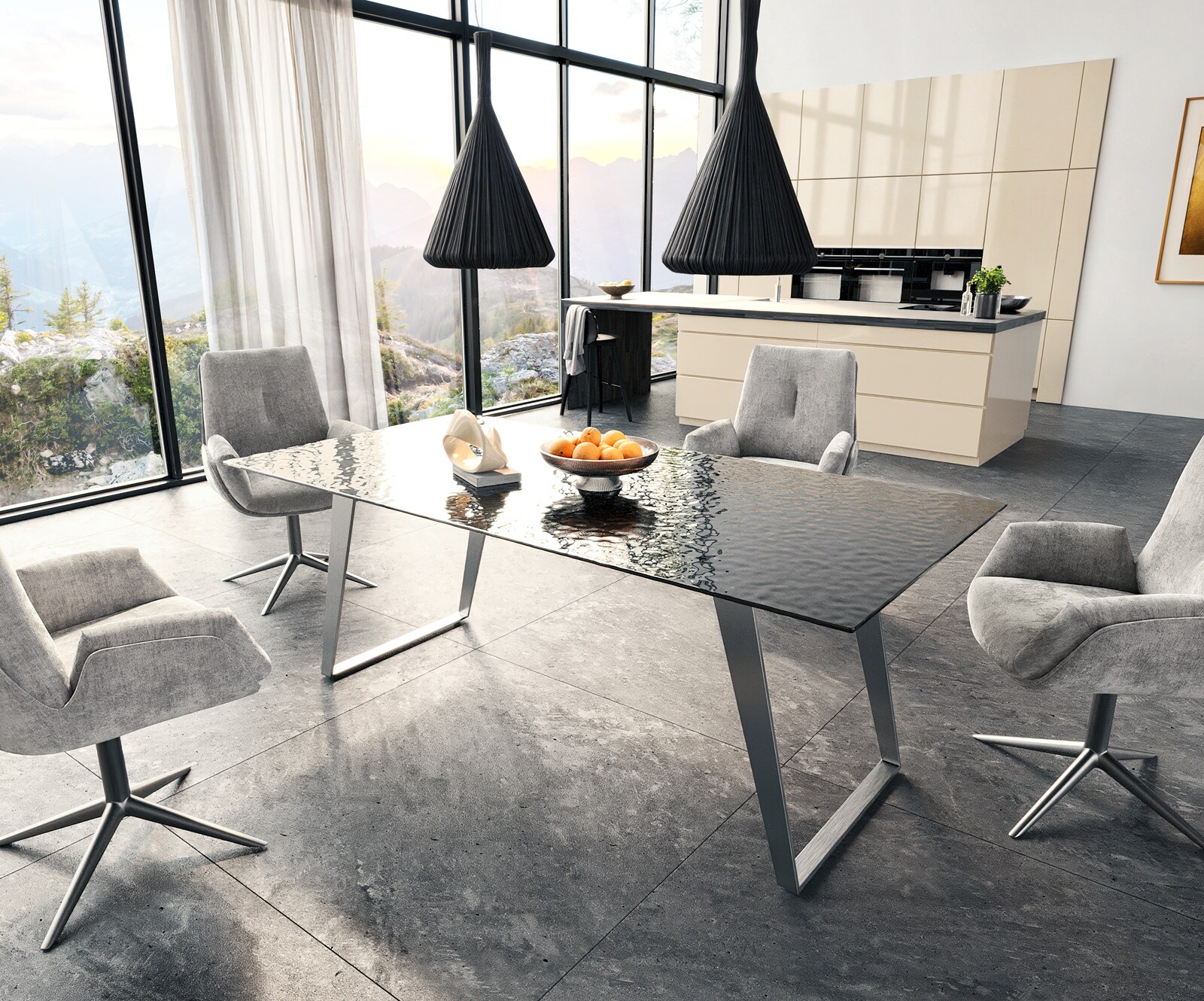 Eetkamertafel Edge 200x100 Glas smelten rokerig zwart 3D-Relief RVS schuin 5