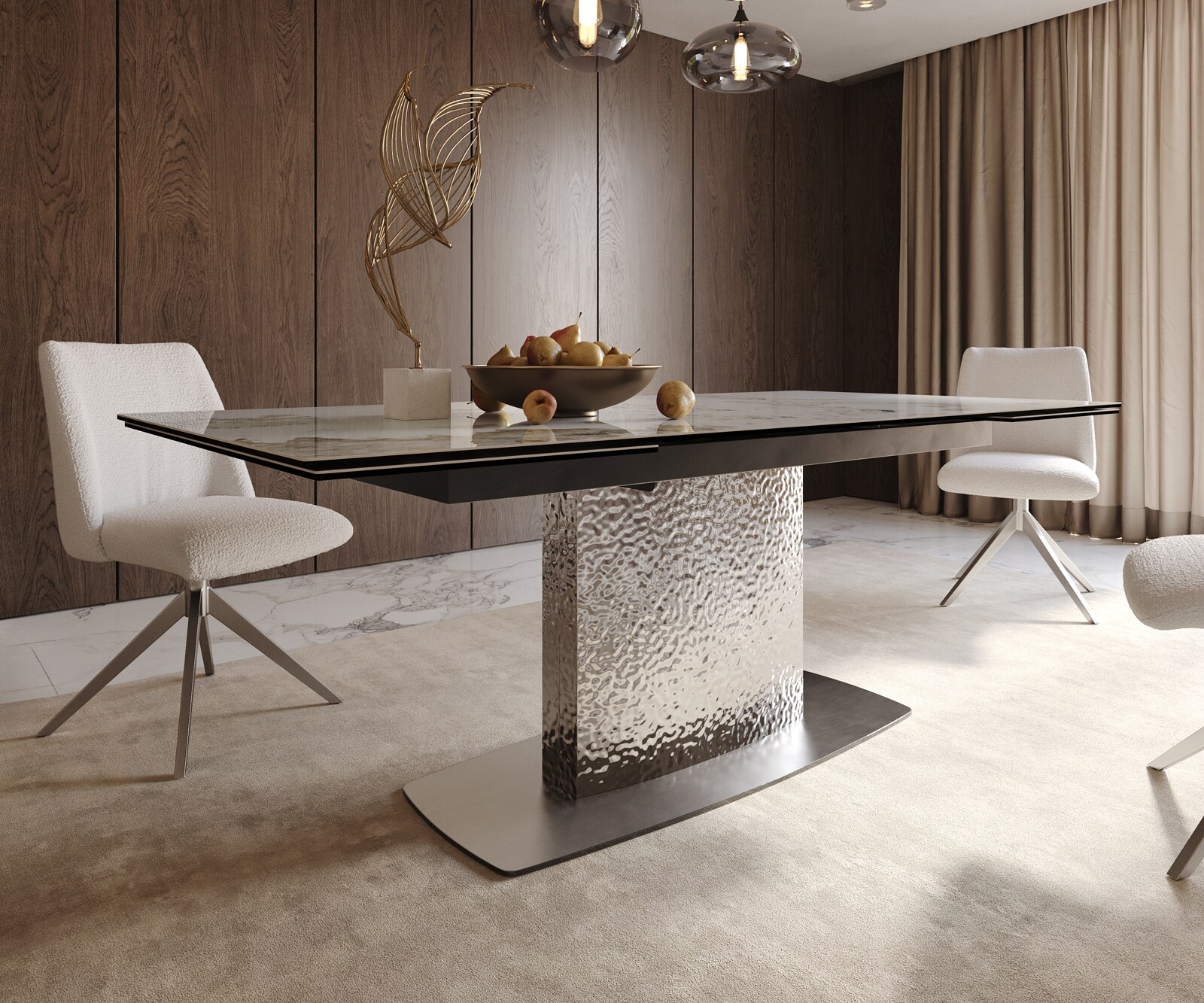 Eetkamertafel Edge 200-300x100 keramiek Minas Melange wit-beige Wave RVS uitschuifbaar 6