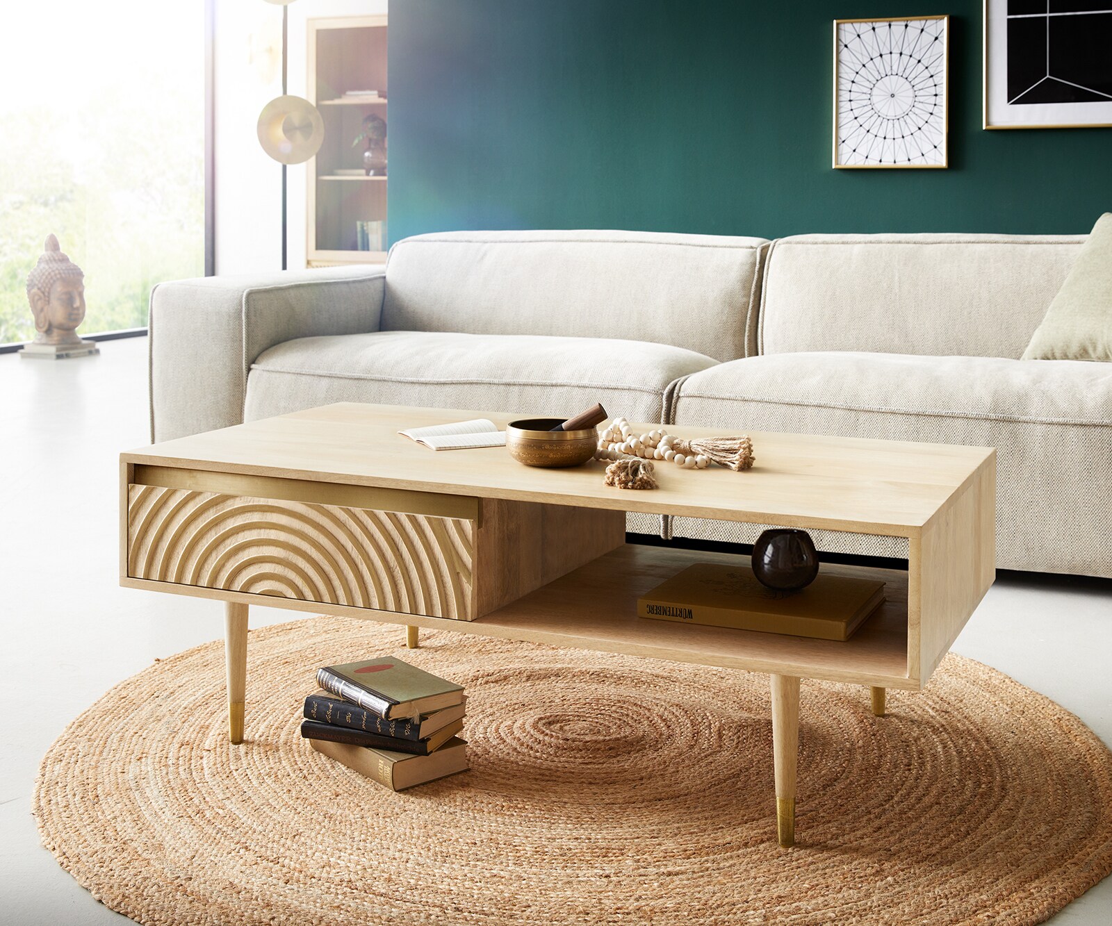 Salontafel Budaya mango natuur 115x60 cm 2 laden 1 plank poot rond