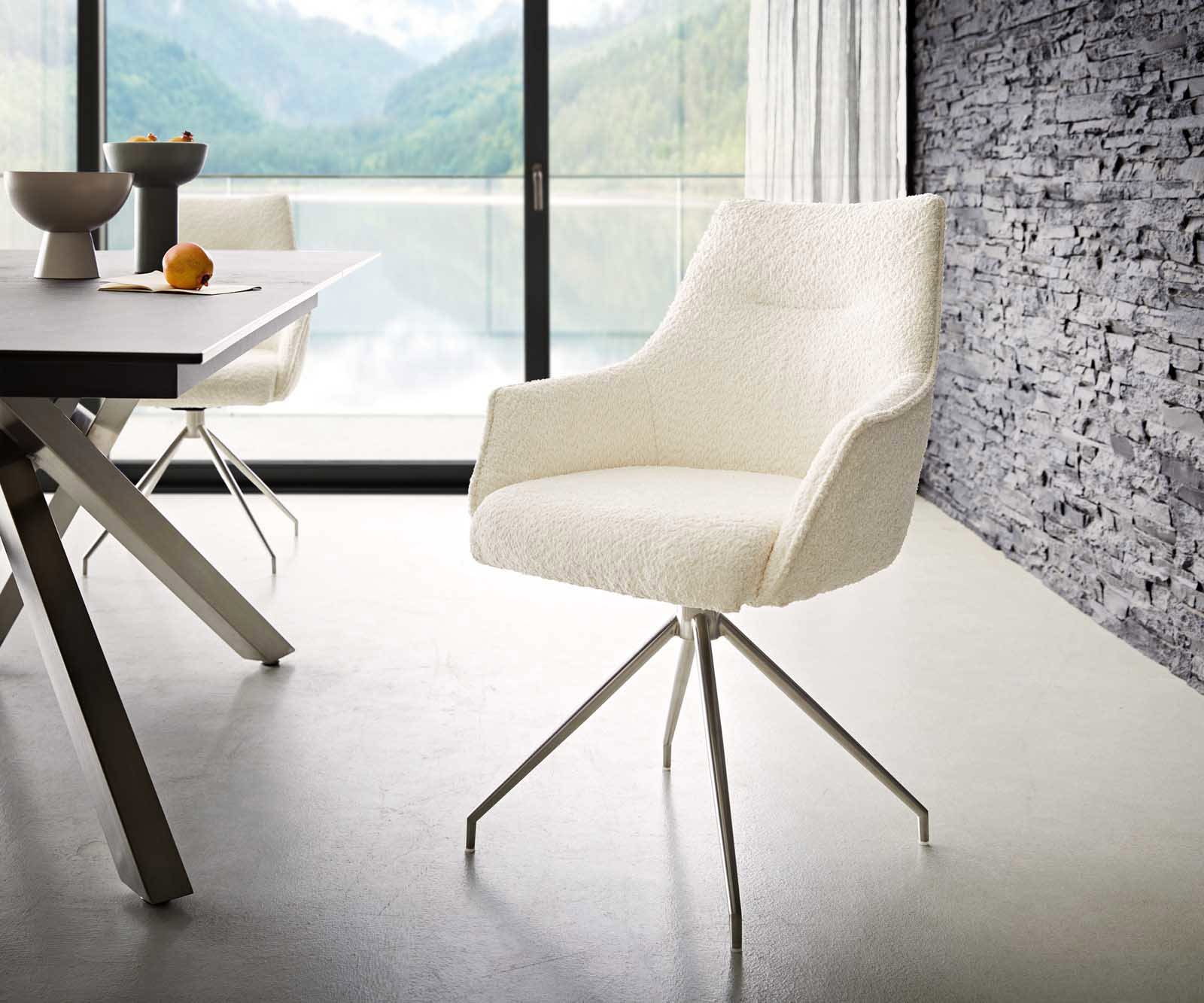 Draaistoel Alja-Flex met armleuning bouclé wit kruisframe conisch roestvrij staal 180° draaibaar pocketveer kern Draaistoel Alja-Flex met armleuning bouclé wit kruisframe conisch roestvrij staal 180° draaibaar pocketveer kern