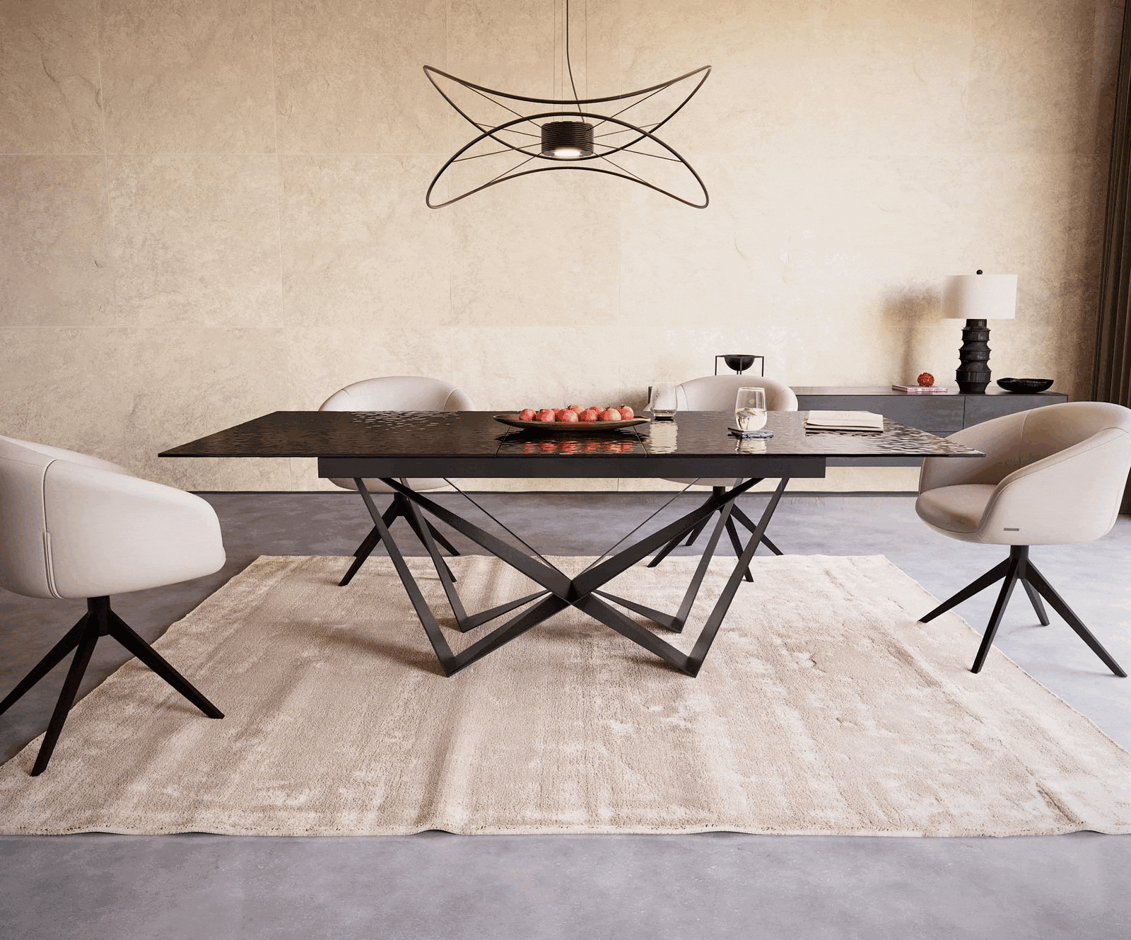 Eetkamertafel Edge 180-220x100 Glas smelten rokerig zwart 3D-Relief spider vlak staal zwart uitschuifbaar 1 Eetkamertafel Edge 180-220x100 Glas smelten rokerig zwart 3D-Relief spider vlak staal zwart uitschuifbaar 1