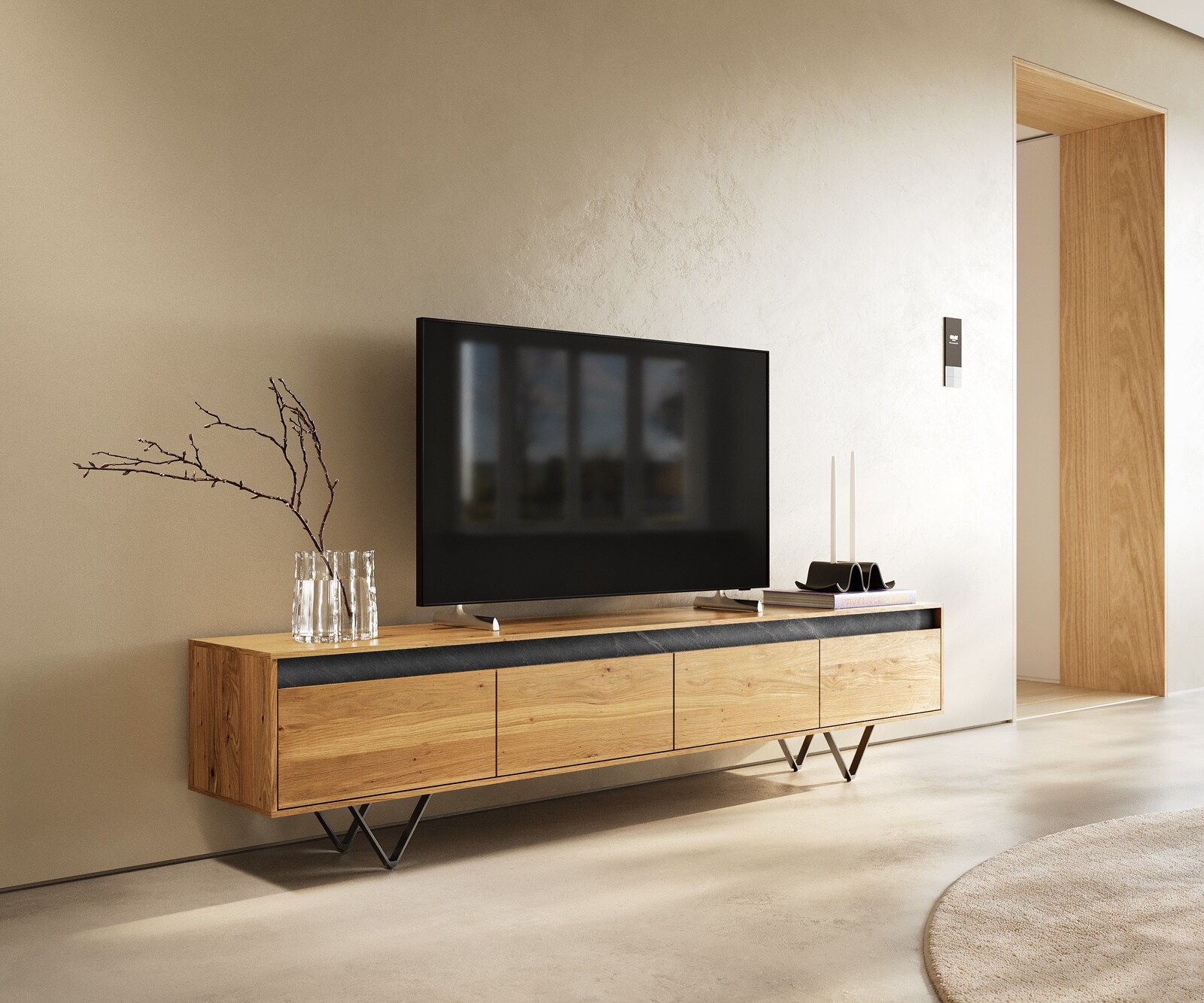 Design-tv-meubel Stonegrace 200 cm eiken natuur leisteen 4 laden V-poot metaal zwart