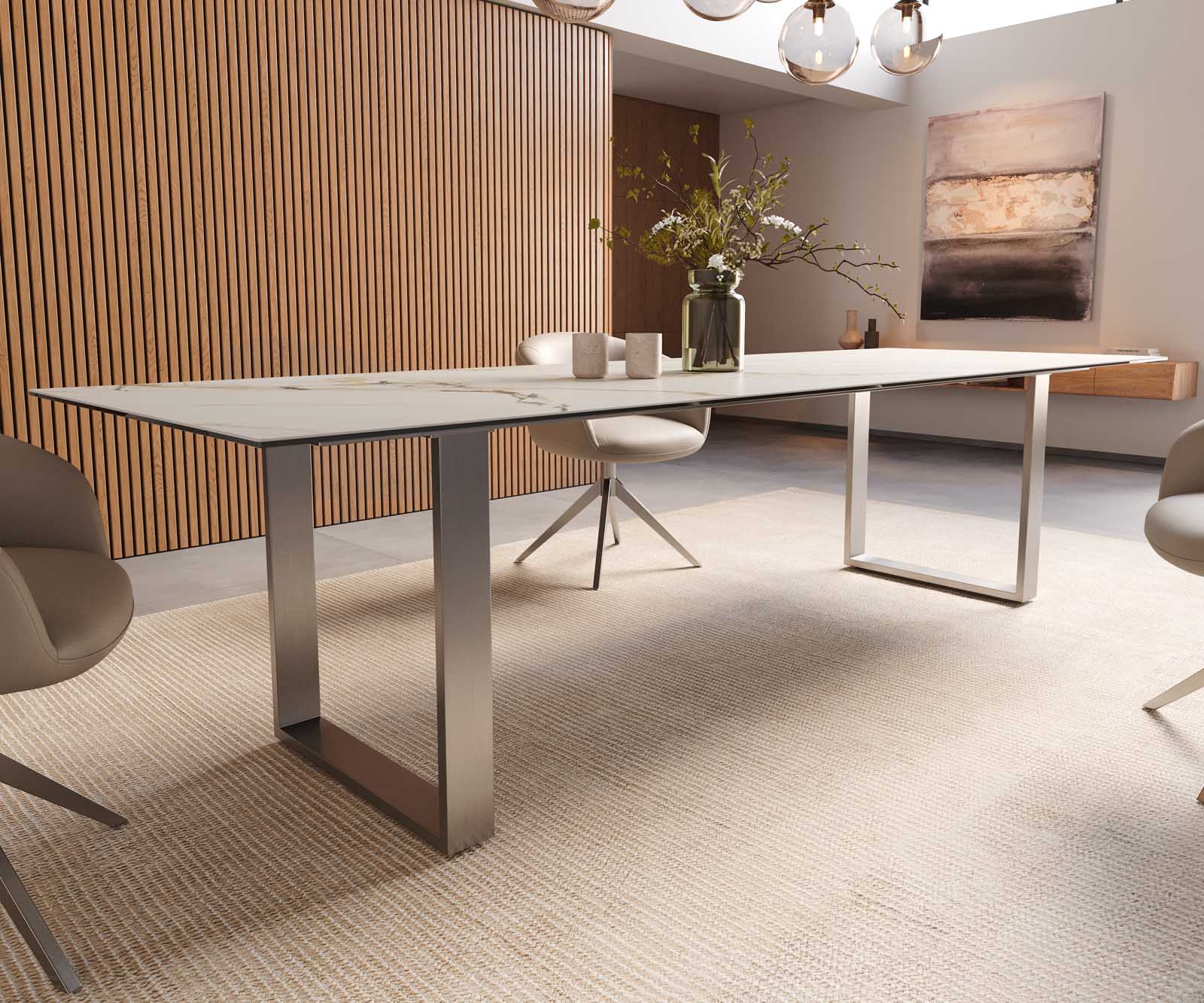 Eetkamertafel Edge 300x100 keramiek Calacatta Luxe wit-goud-grijs RVS Schmal 7