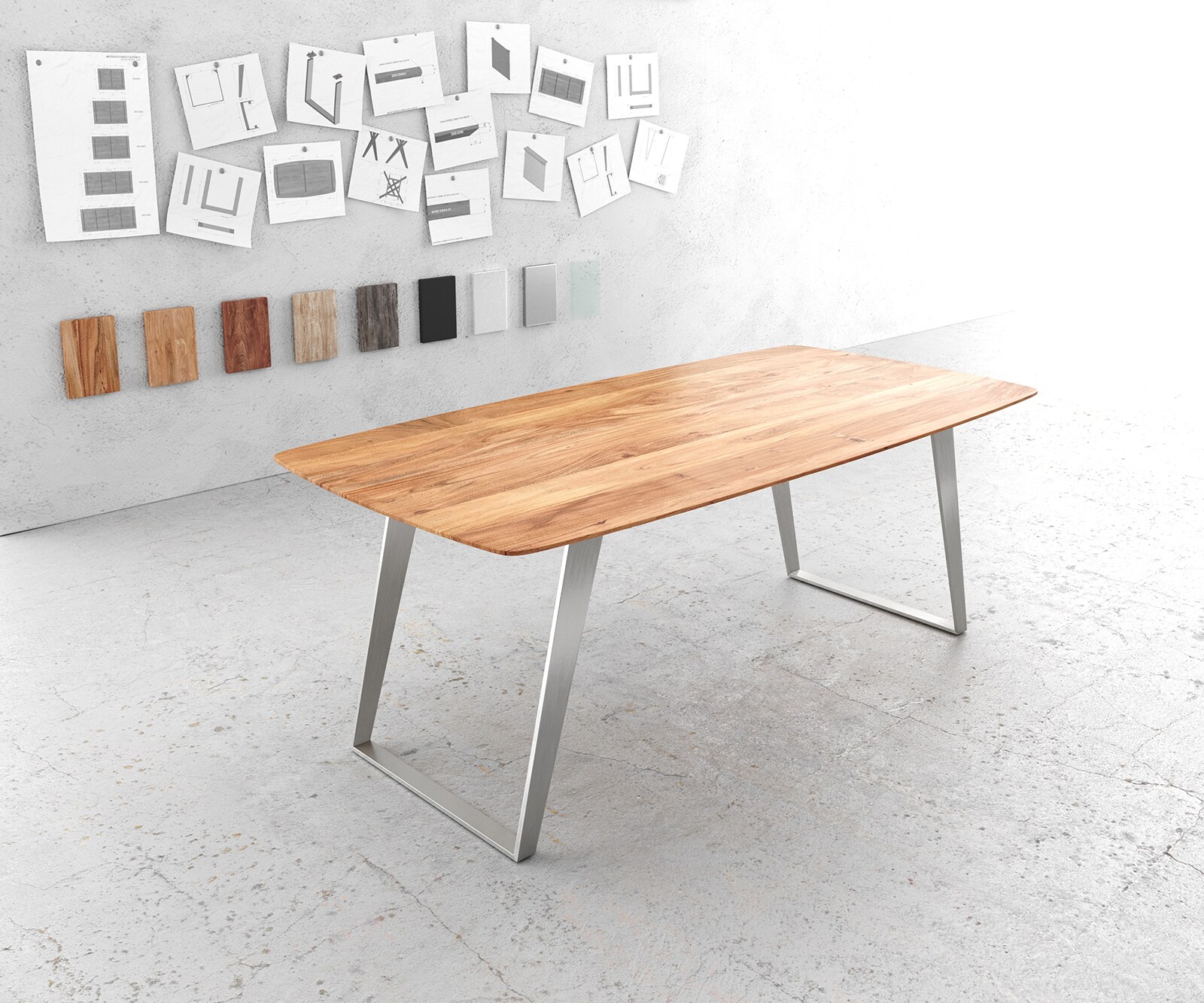 Eettafel Edge Boot 200x100 acacia natuur edelstaal schuin Zwitserse rand
