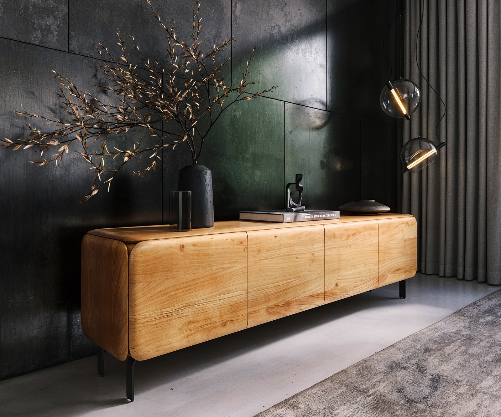 TV-meubel Shavani 200 cm acacia natuur 4 deuren L-poot metaal zwart 1