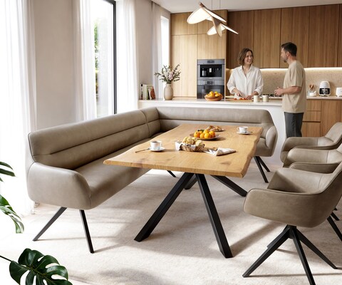 Eetkamerbank Taya-Flex 285x190 cm microvelours beige vintage hoekig kruisframe zwart pocketvering rechts