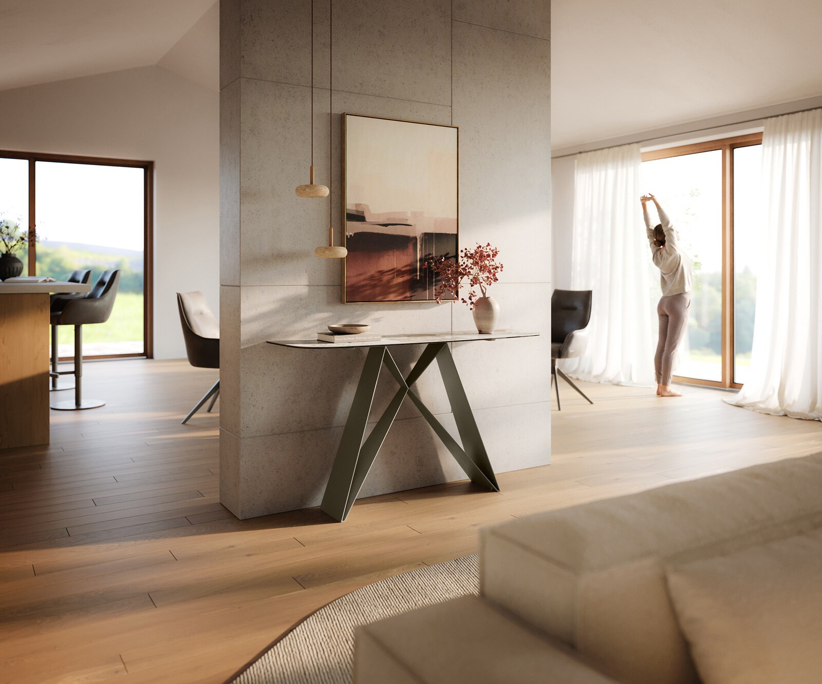 Consoletafel Edge Bootvorm 140x40 cm Keramiek Minas Melange Weiß-Beige Velio Metaal Effektfinish Titan 7
