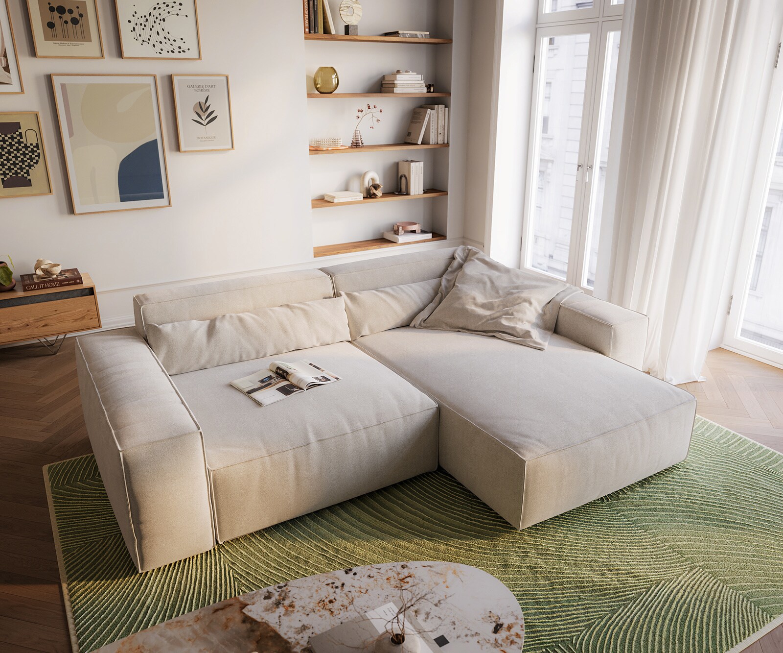 Hoekbank Sirpio XL 270x170 cm Zachte structuurstof Beige Chaise longue variabel 3