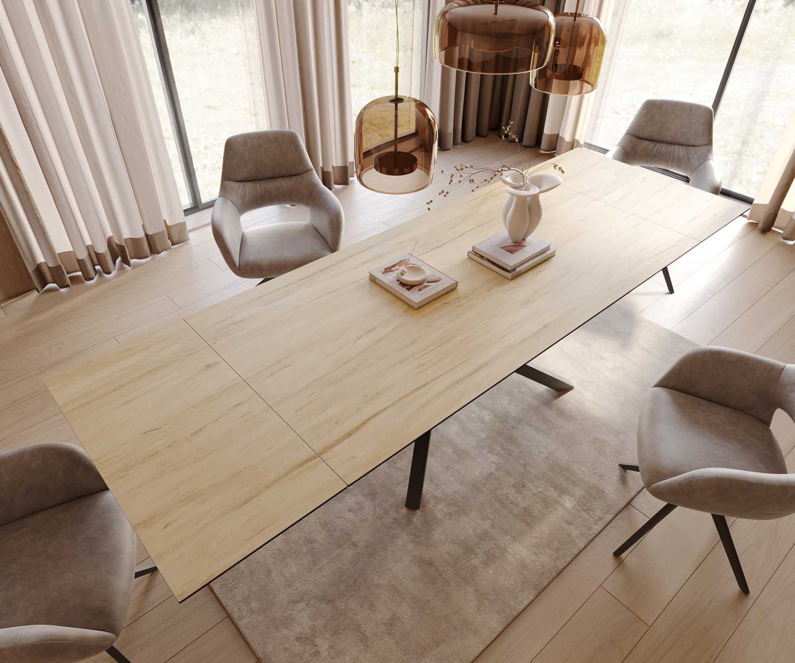 Eetkamertafel Edge 200-300x100 keramiek Laminam® Sabbia eiken kleur kruisframe rechthoek zwart uitschuifbaar 3