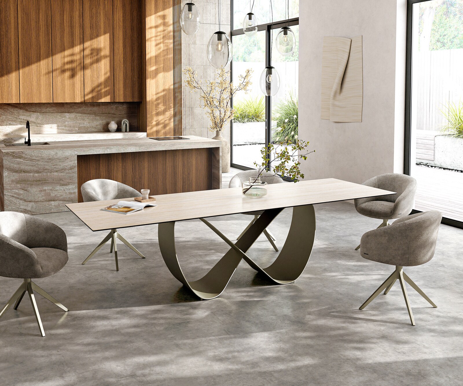 Eettafel Edge 300x100 keramiek  Laminam® Travertino Bianco Creme-wit Infinity metaal effectafwerking Titan 7