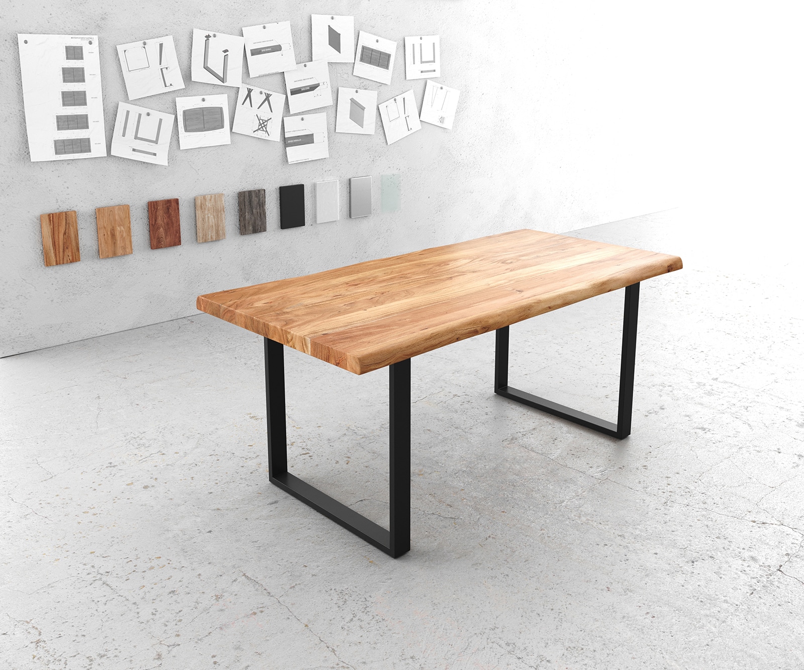 Eettafel Edge 180x90 XL acacia natuur skidframe zwart Live-Edge Eettafel Edge 180x90 XL acacia natuur skidframe zwart Live-Edge