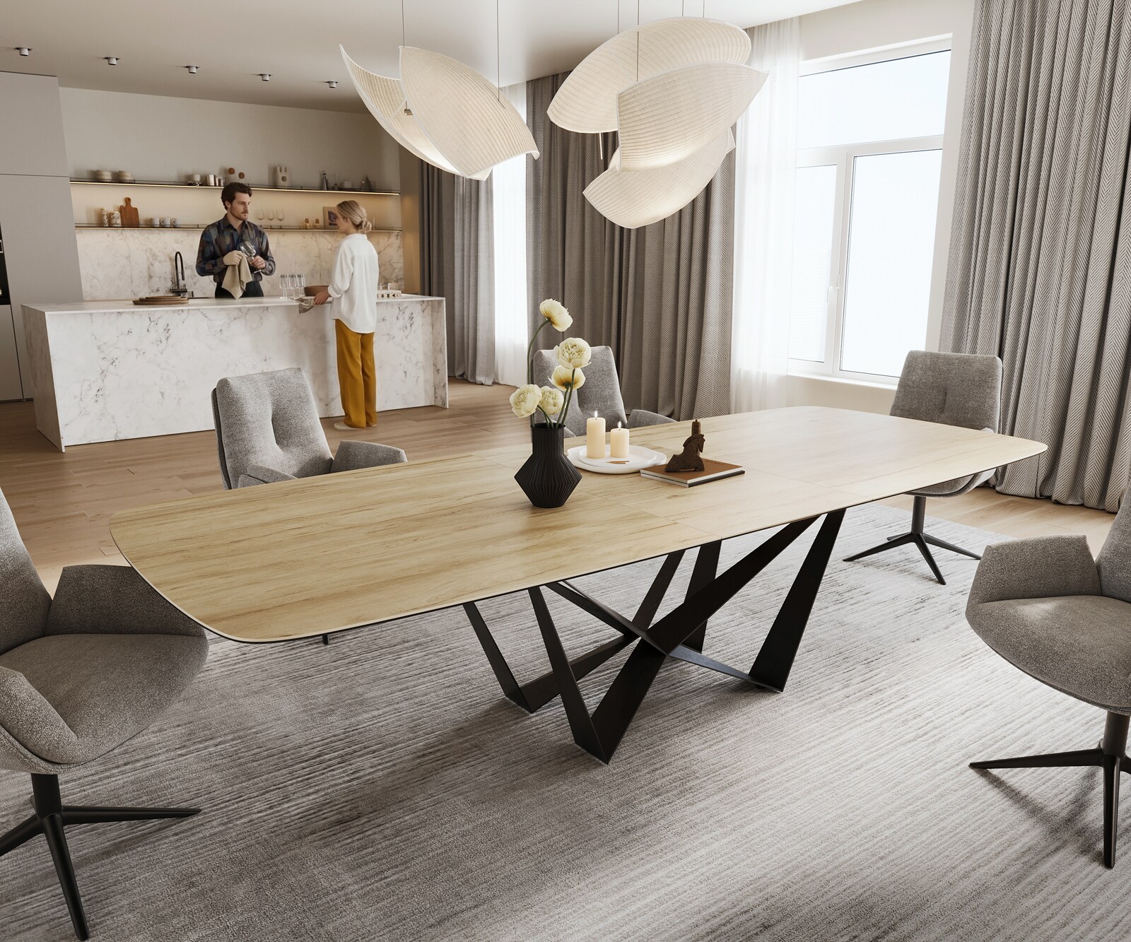 Eettafel Edge Boot 240-300x120 cm Keramiek Laminam® Sabbia Eichefarbig Spider Flachstahl Zwart uitschuifbaar 1