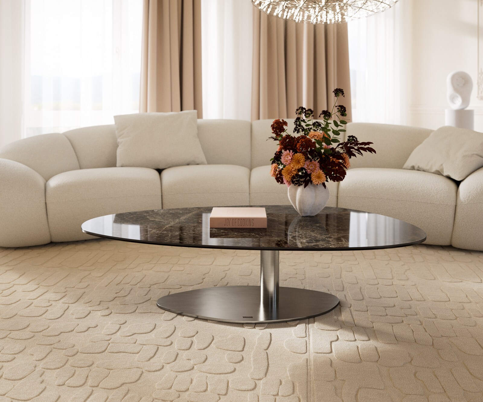 Salontafel Edge Oval 140x75 cm keramiek Laminam® Emperador Extra Lucidato donkerbruin Vibany geborsteld roestvrij staal 2