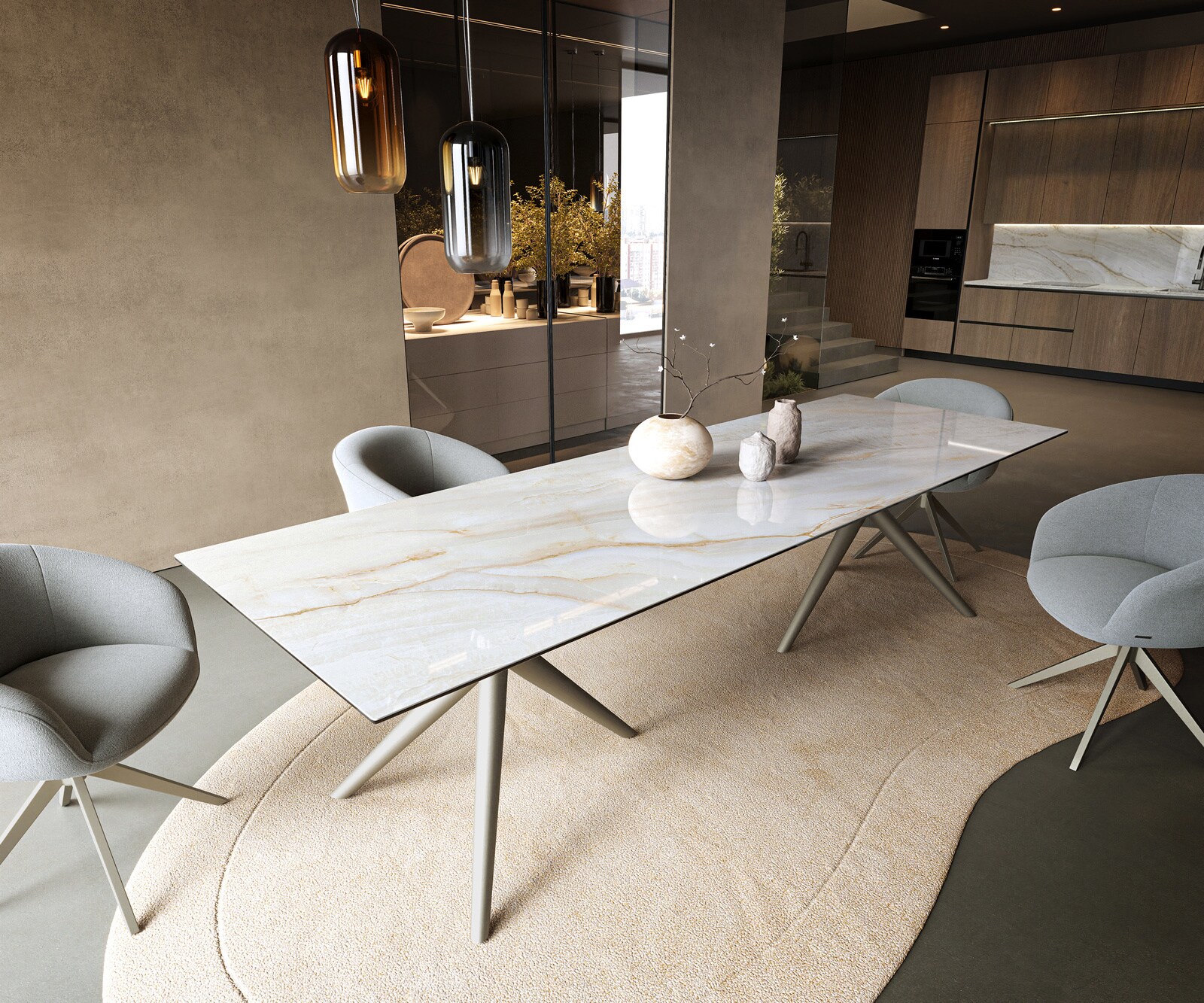 Eettafel Edge 300x100 cm keramiek Onyx Pearl Estelar rond metaal effectfinish titan