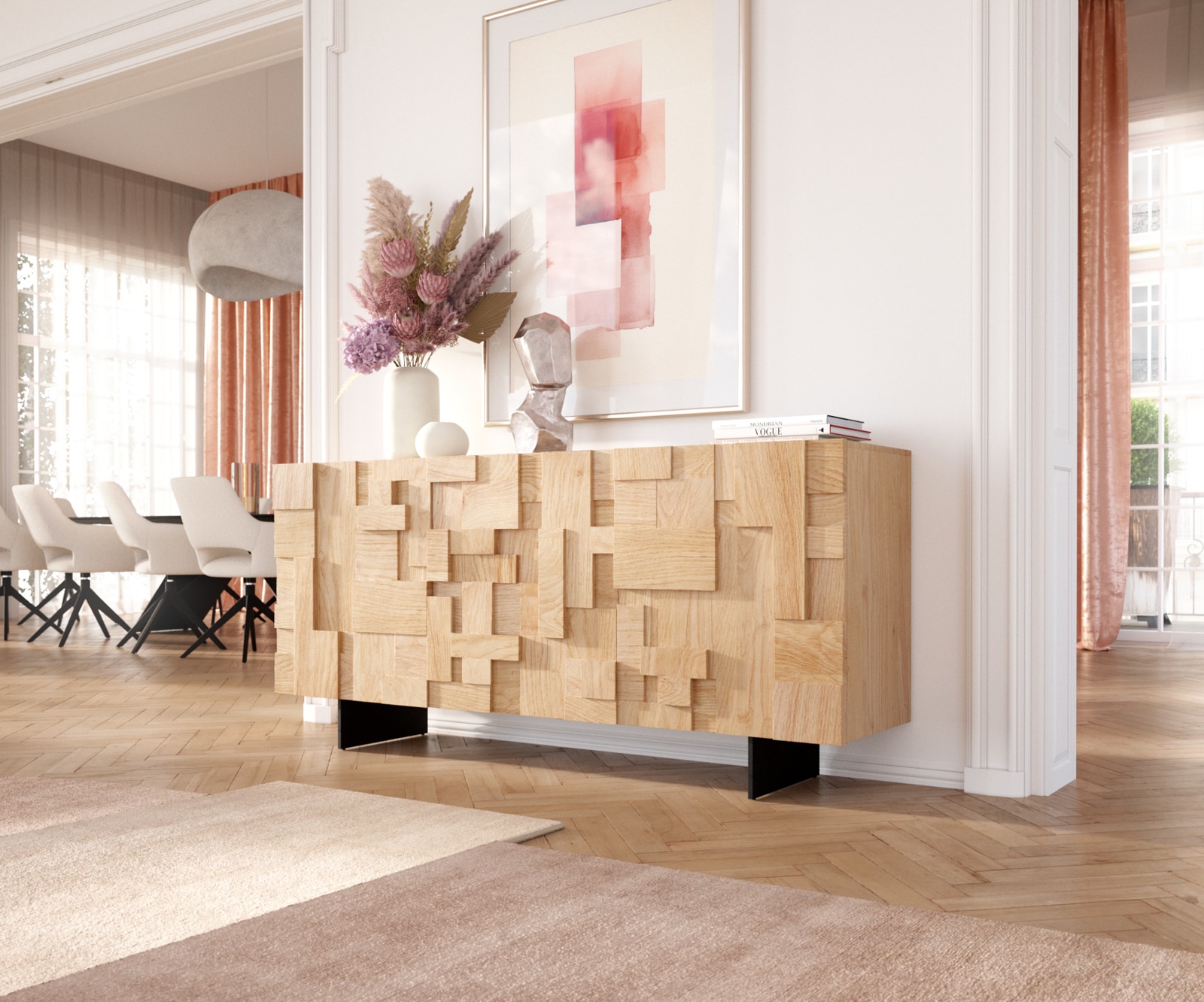 Dressoir Puzzle 175 cm eiken natuur 3 deurs onderstel zwevend metaal zwart