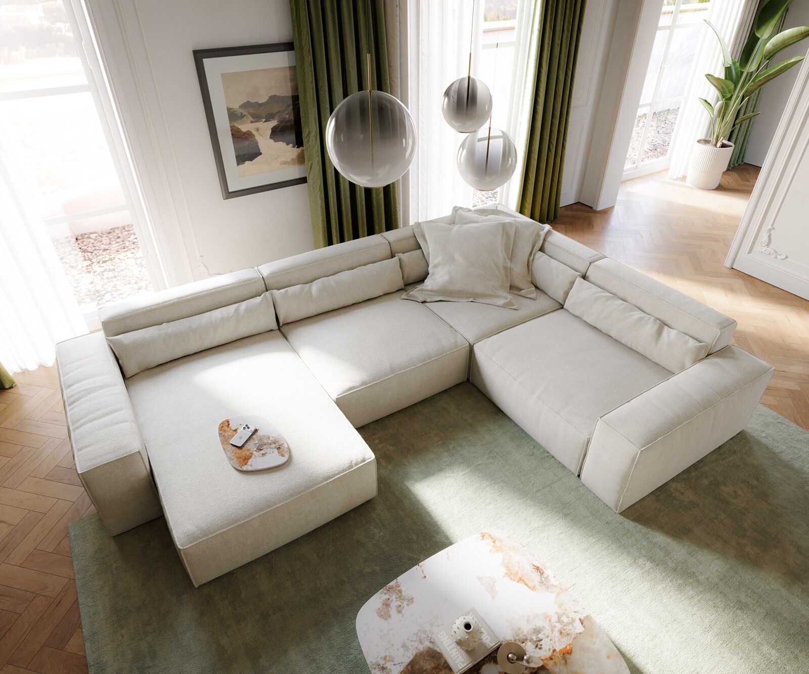 Hoekbank Sirpio XL 360x260 cm Zachte structuurstof Beige Chaise longue variabel 4