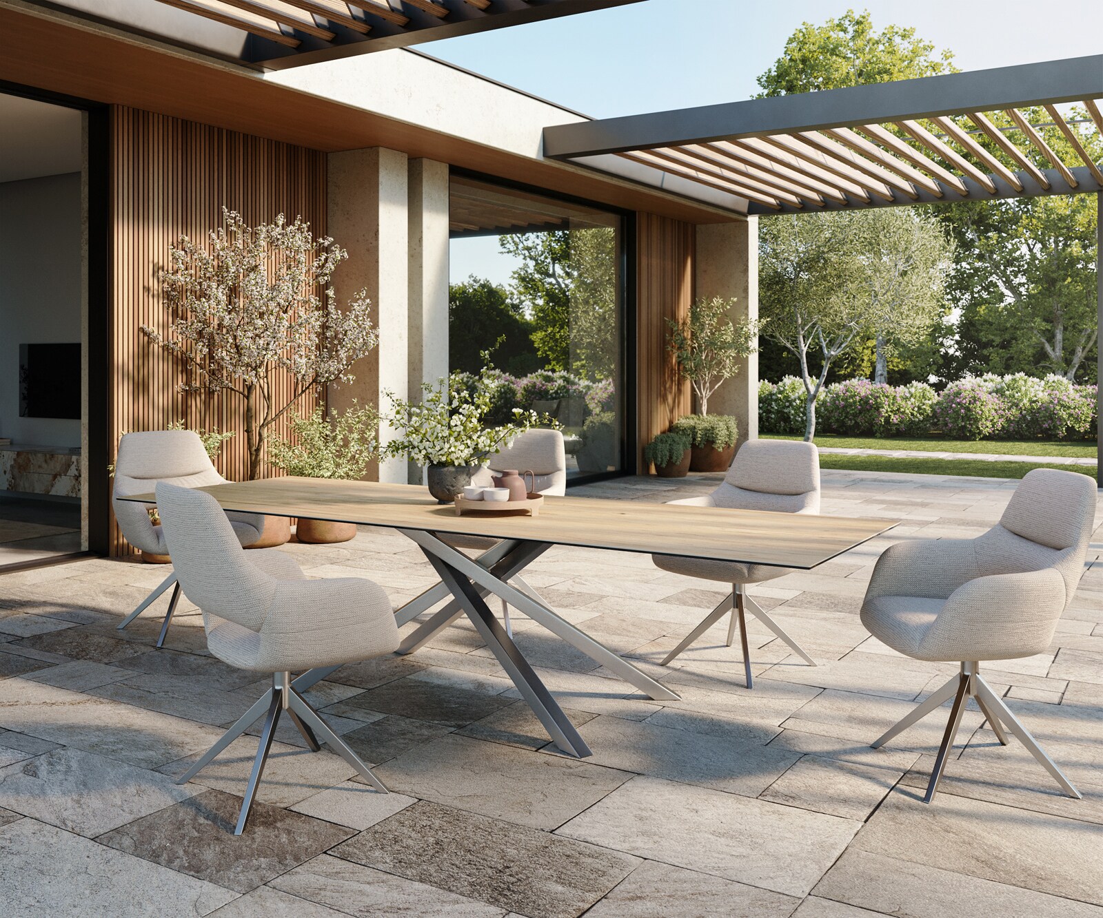 Outdoortafel Edge 300x100 cm keramiek Laminam® Sabbia eikenkleurig kruispoot rechthoekig roestvrij staal 5