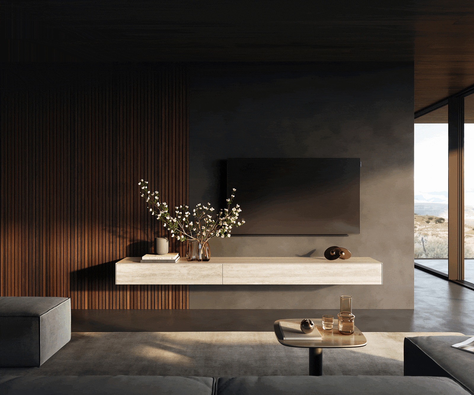 Tv-meubel Cuor 250 cm Keramiek Laminam® Travertino Bianco Crème-wit 1 Flap 1 Lade Zwevend 1