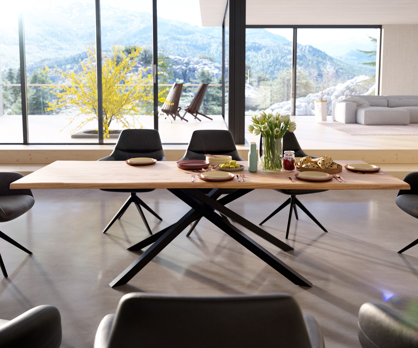 Eettafel Edge 260x100 acacia natuur Kreuzframe rechthoek zwart Live-Edge 1