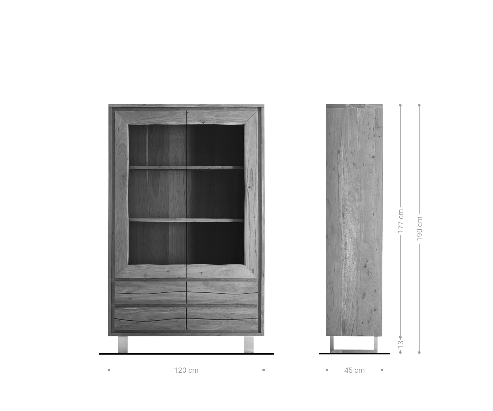 Vitrinekast Live-Edge 120x190 cm acacia natuur rechte rand 2 deuren 4 laden massief 10
