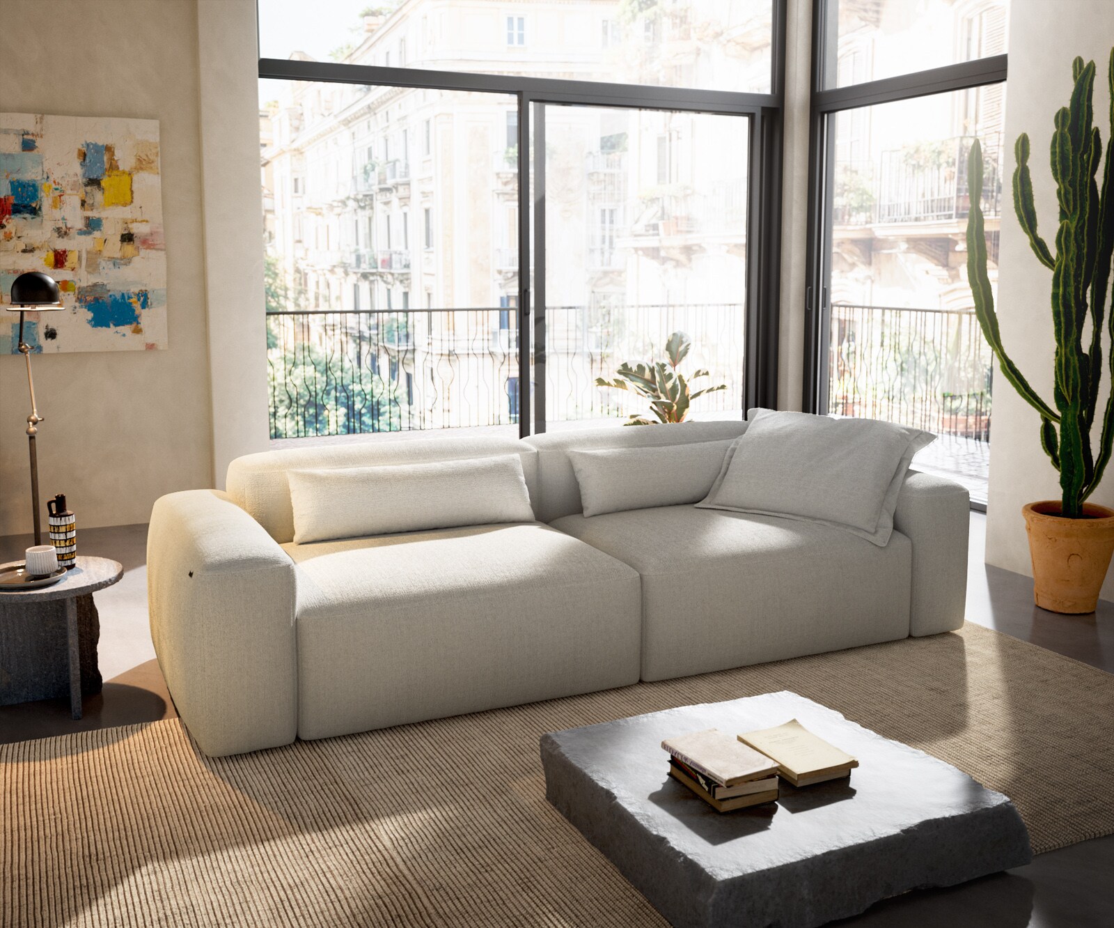 Bigsofa Freestyle 280x110 cm Bouclé zacht Beige kapnaad 1